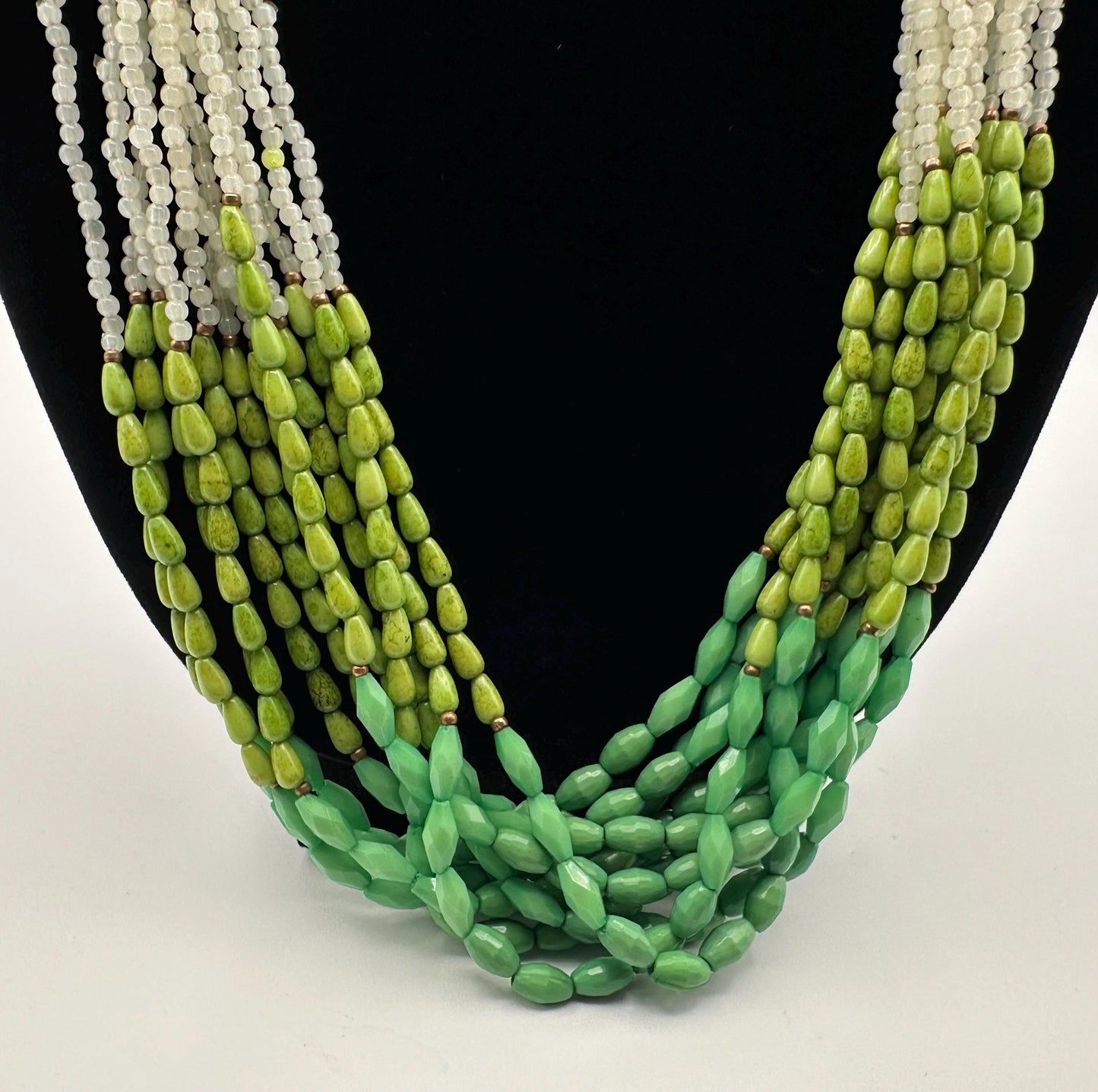 Vintage Charter Club Chunky White Ombre Green Seed Bead Necklace Gold Accents Statement Jewelry