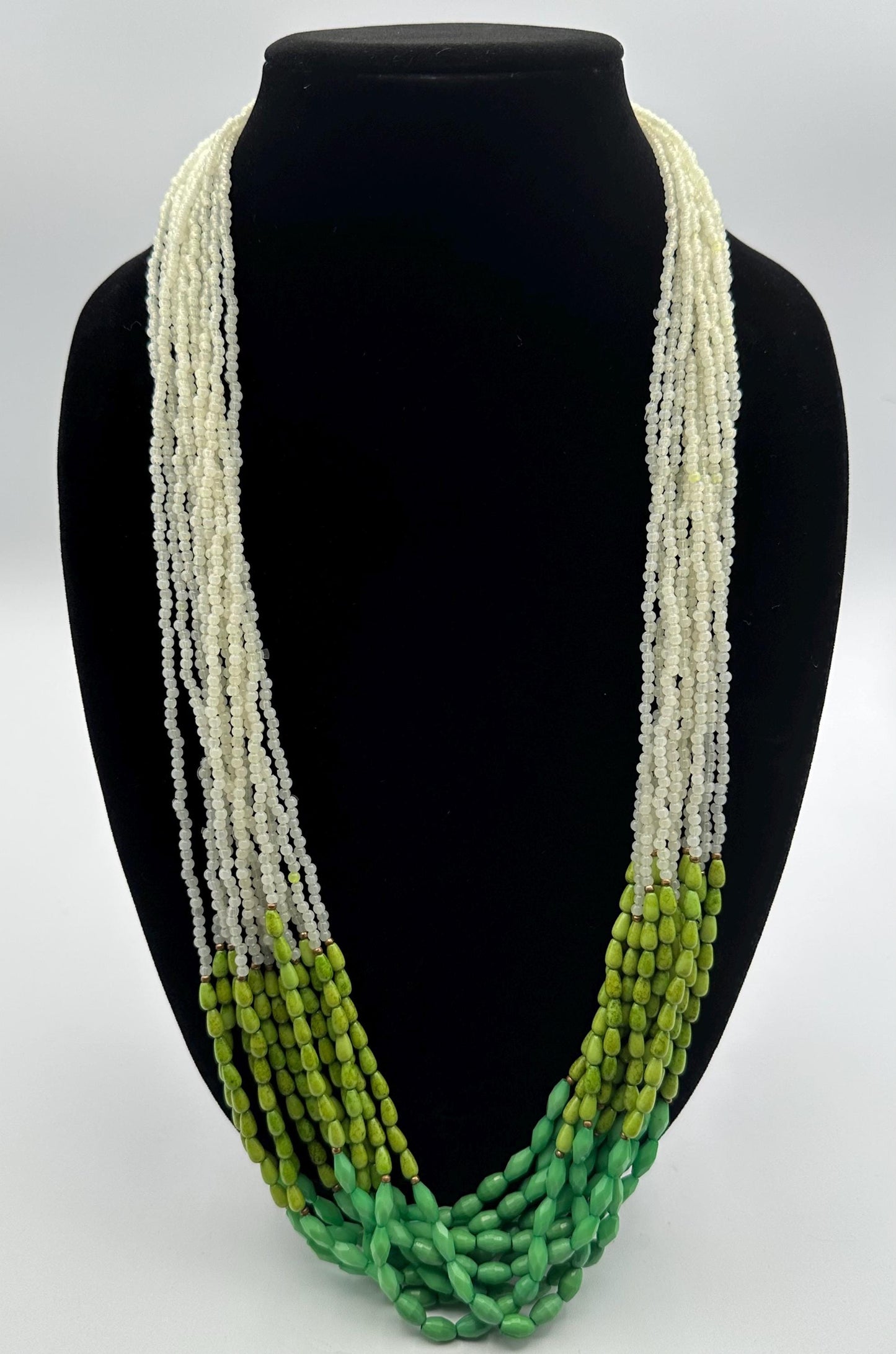 Vintage Charter Club Chunky White Ombre Green Seed Bead Necklace Gold Accents Statement Jewelry