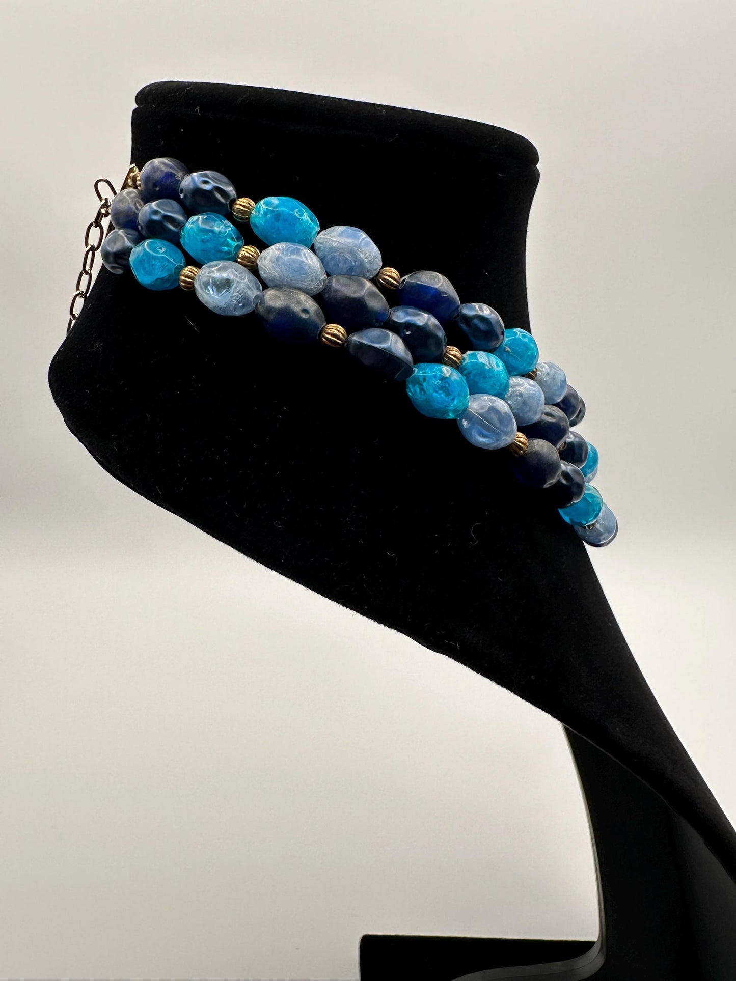 Vintage Lisner Blue and Turquoise Beaded Necklace Faceted 3 Strand Signed Designer Gold Accents Mid Century Jewelry