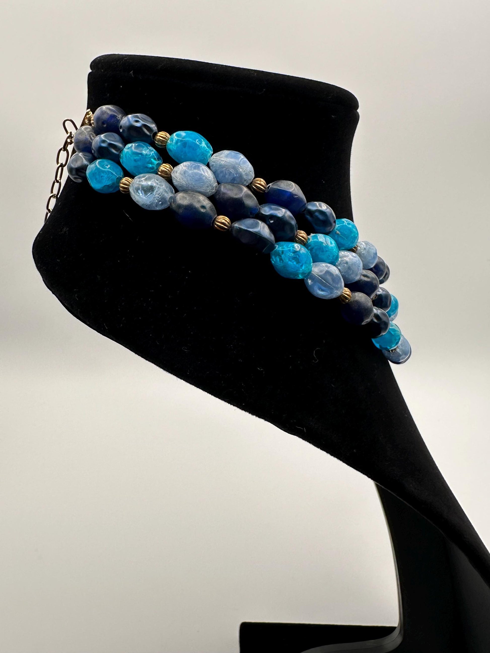 Vintage Lisner Blue and Turquoise Beaded Necklace Faceted 3 Strand Signed Designer Gold Accents Mid Century Jewelry