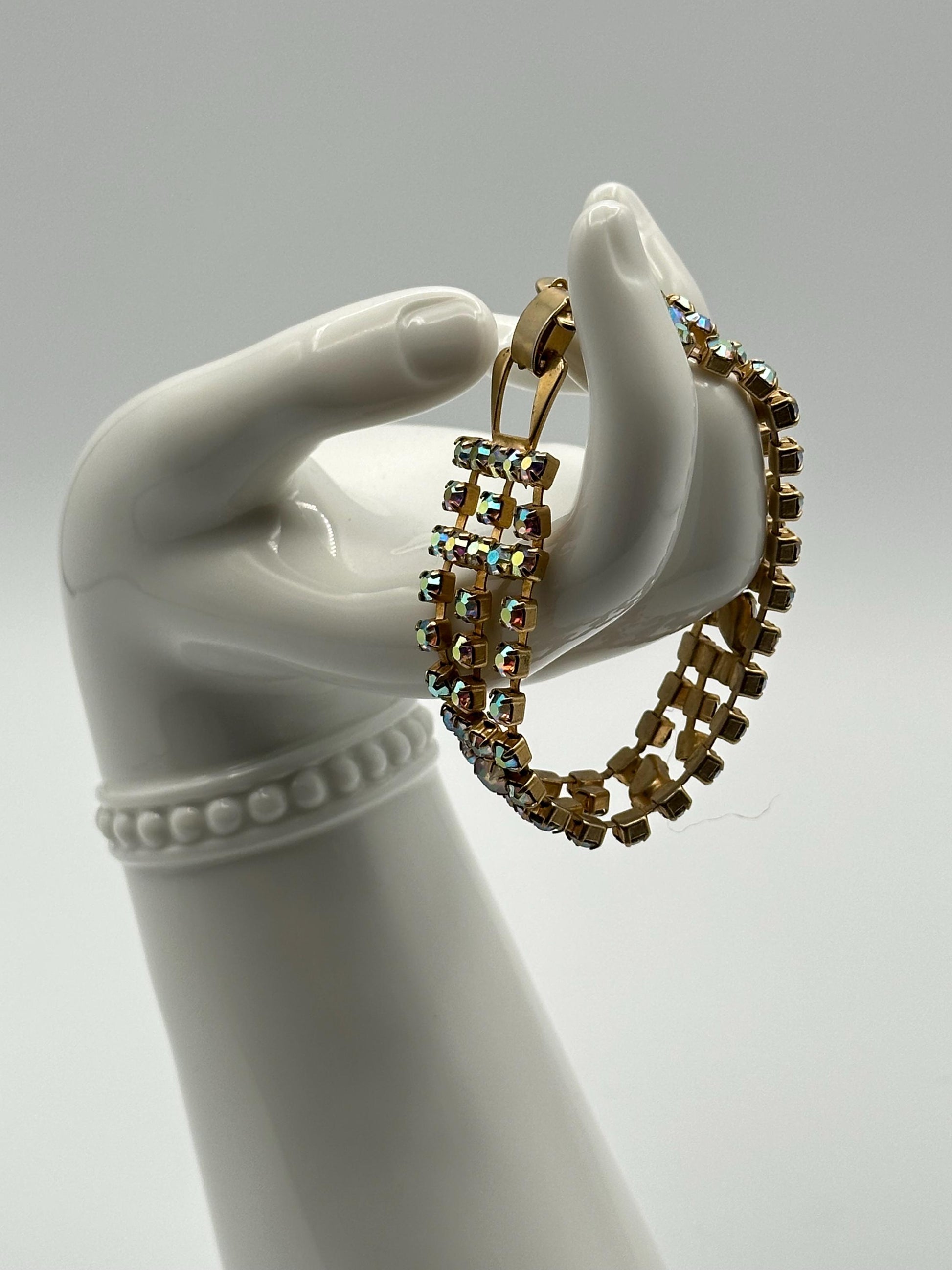 Vintage Aurora Borealis Rhinestone Bracelet 3 Rows Sparkly Crystal Jewelry Retro Glamour