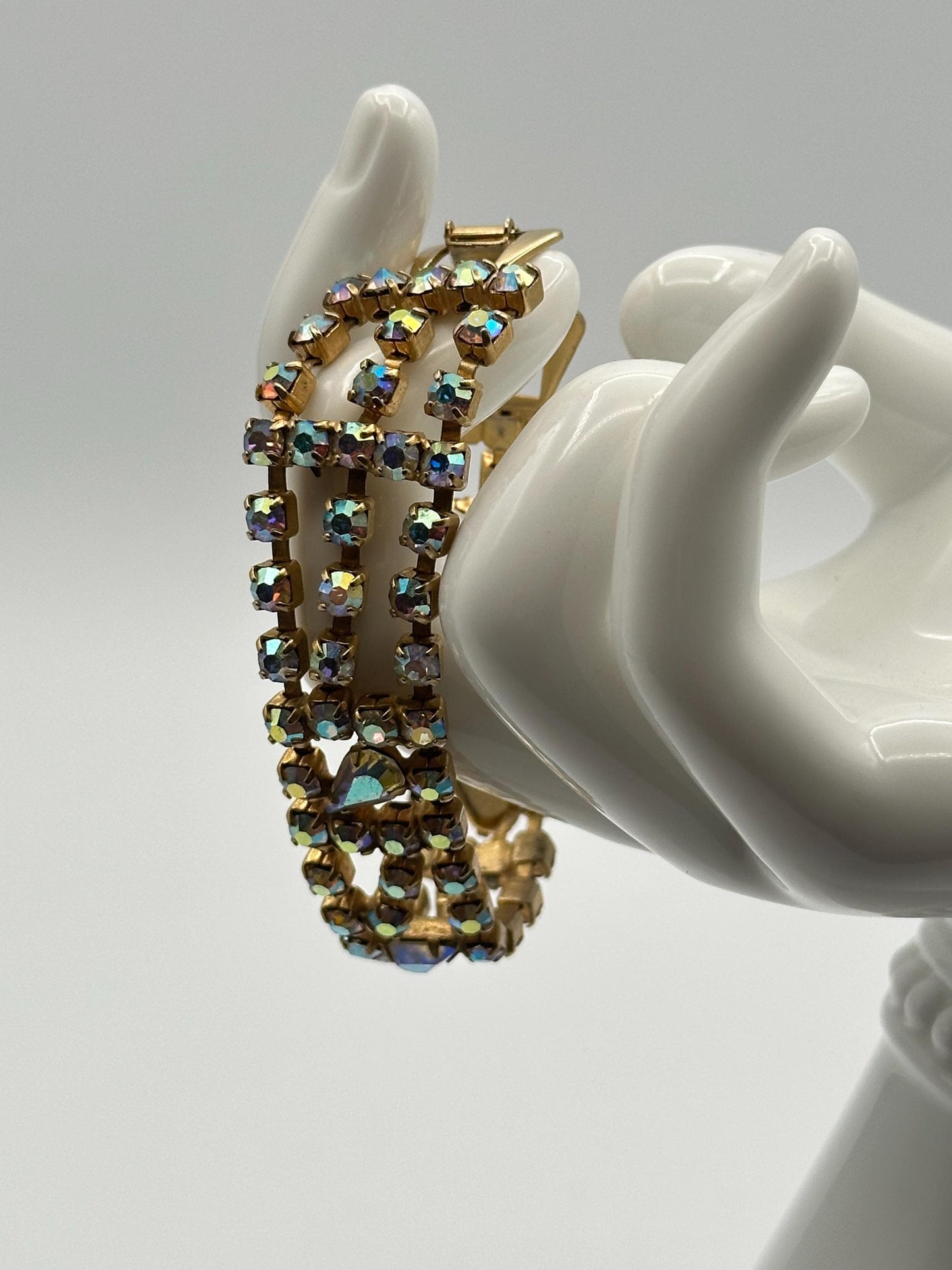 Vintage Aurora Borealis Rhinestone Bracelet 3 Rows Sparkly Crystal Jewelry Retro Glamour
