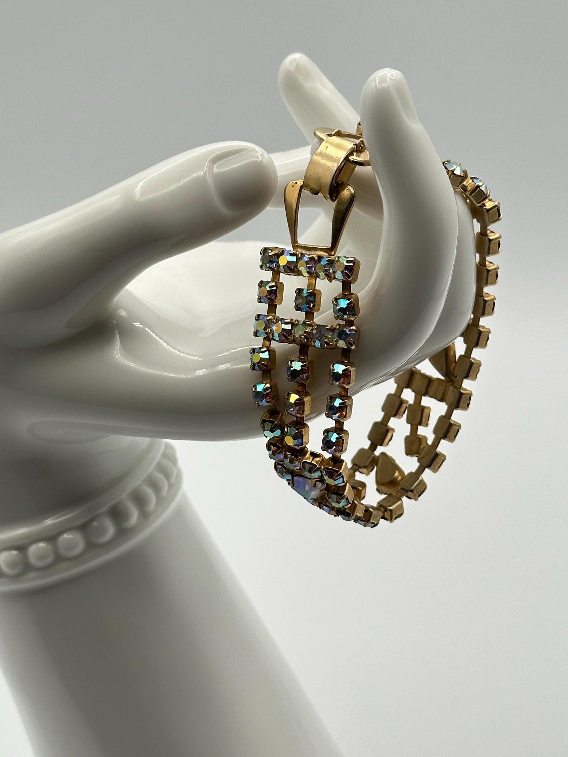 Vintage Aurora Borealis Rhinestone Bracelet 3 Rows Sparkly Crystal Jewelry Retro Glamour