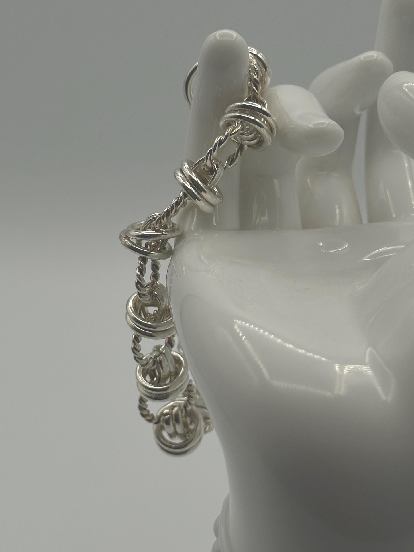 Sterling Silver Twisted Link Bracelet - Vintage Chain Statement Jewelry with Rope Circle Design