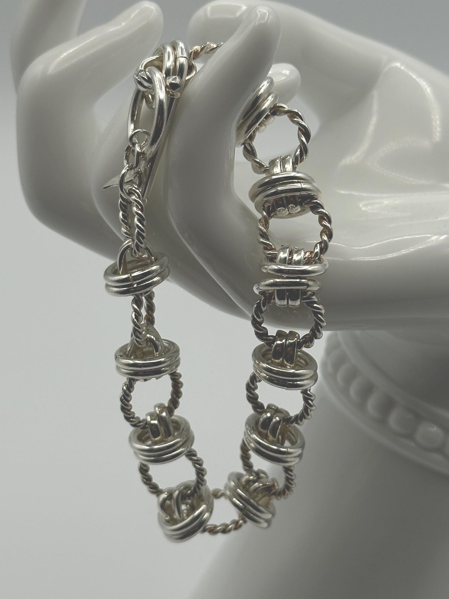 Sterling Silver Twisted Link Bracelet - Vintage Chain Statement Jewelry with Rope Circle Design