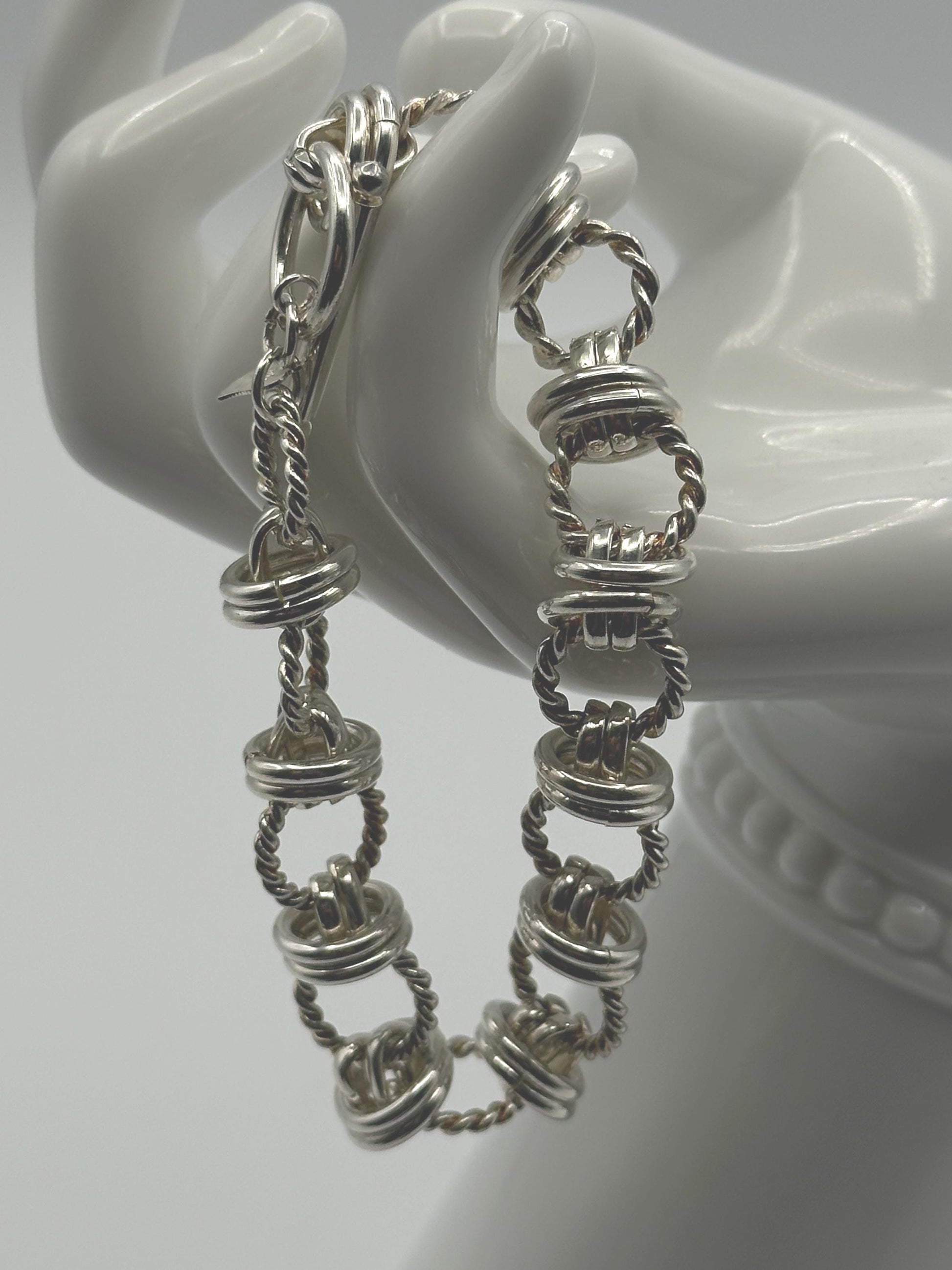 Sterling Silver Twisted Link Bracelet - Vintage Chain Statement Jewelry with Rope Circle Design