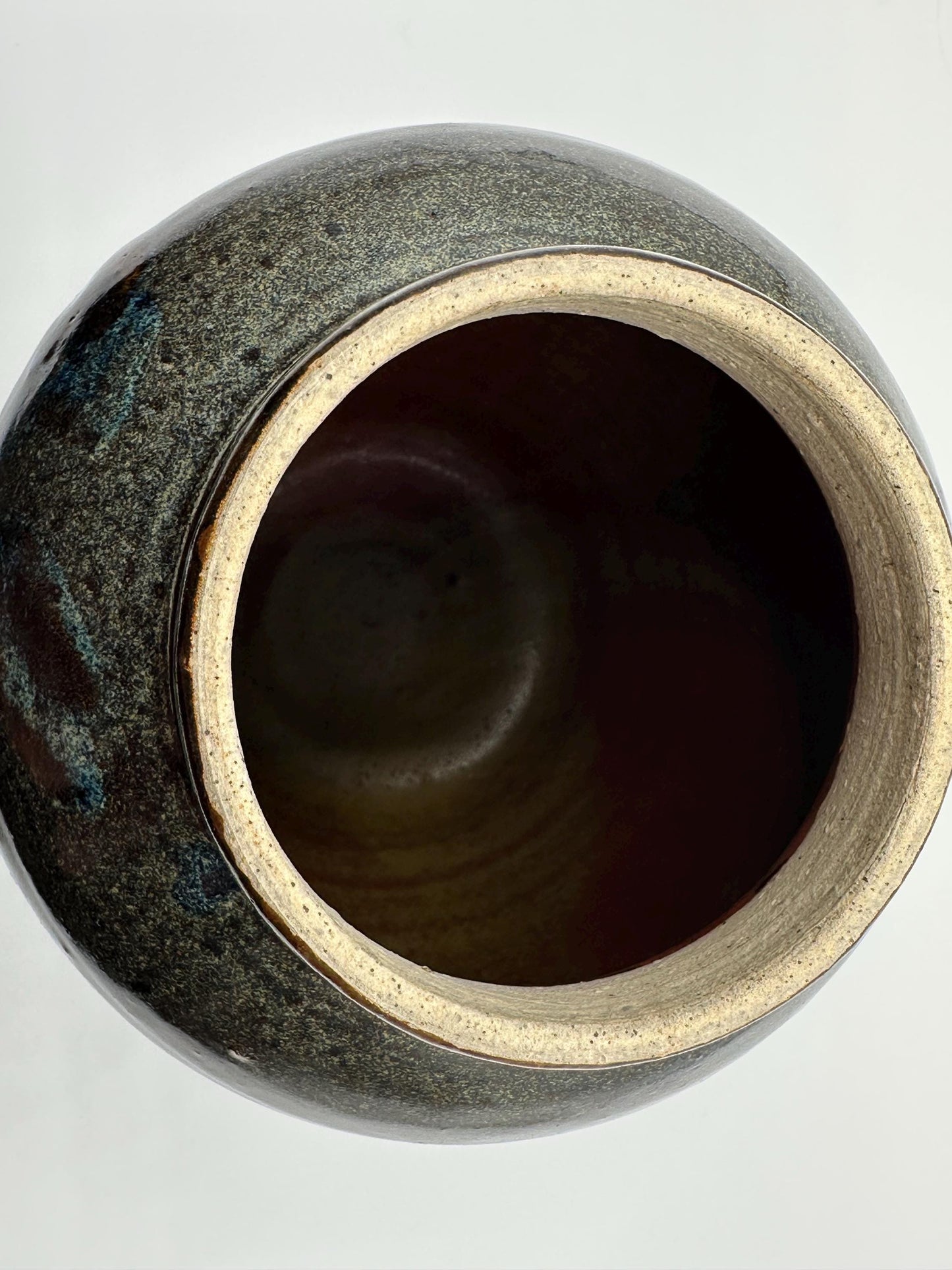 Handcrafted Vintage Studio Pottery Vase With Bronze and Blue Specks- Signed Glazed Ceramic Art Piece for Home Decor