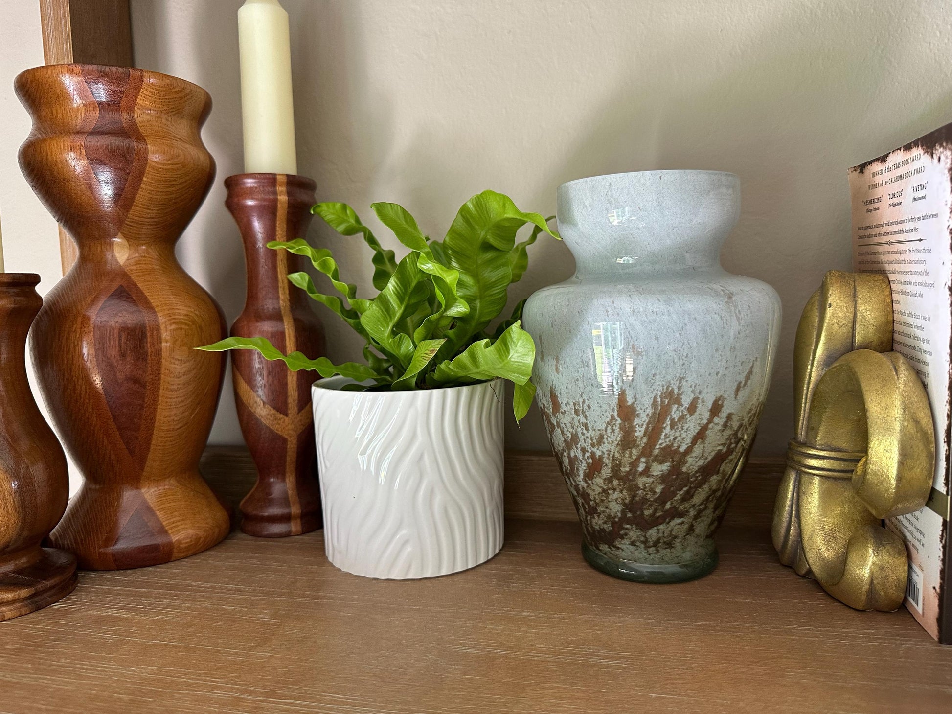 Vintage Czech Art Deco Handblown Glass Vase - Bronze & Green Drip Design by N Ogica, 8 Inches Tall
