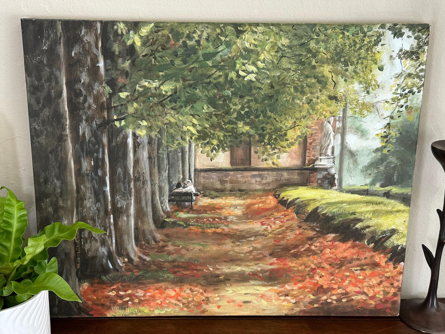 Tranquil Autumn Woodland Scene: Original Impressionist Landscape Painting with Couple on Bench by Artist Lubov