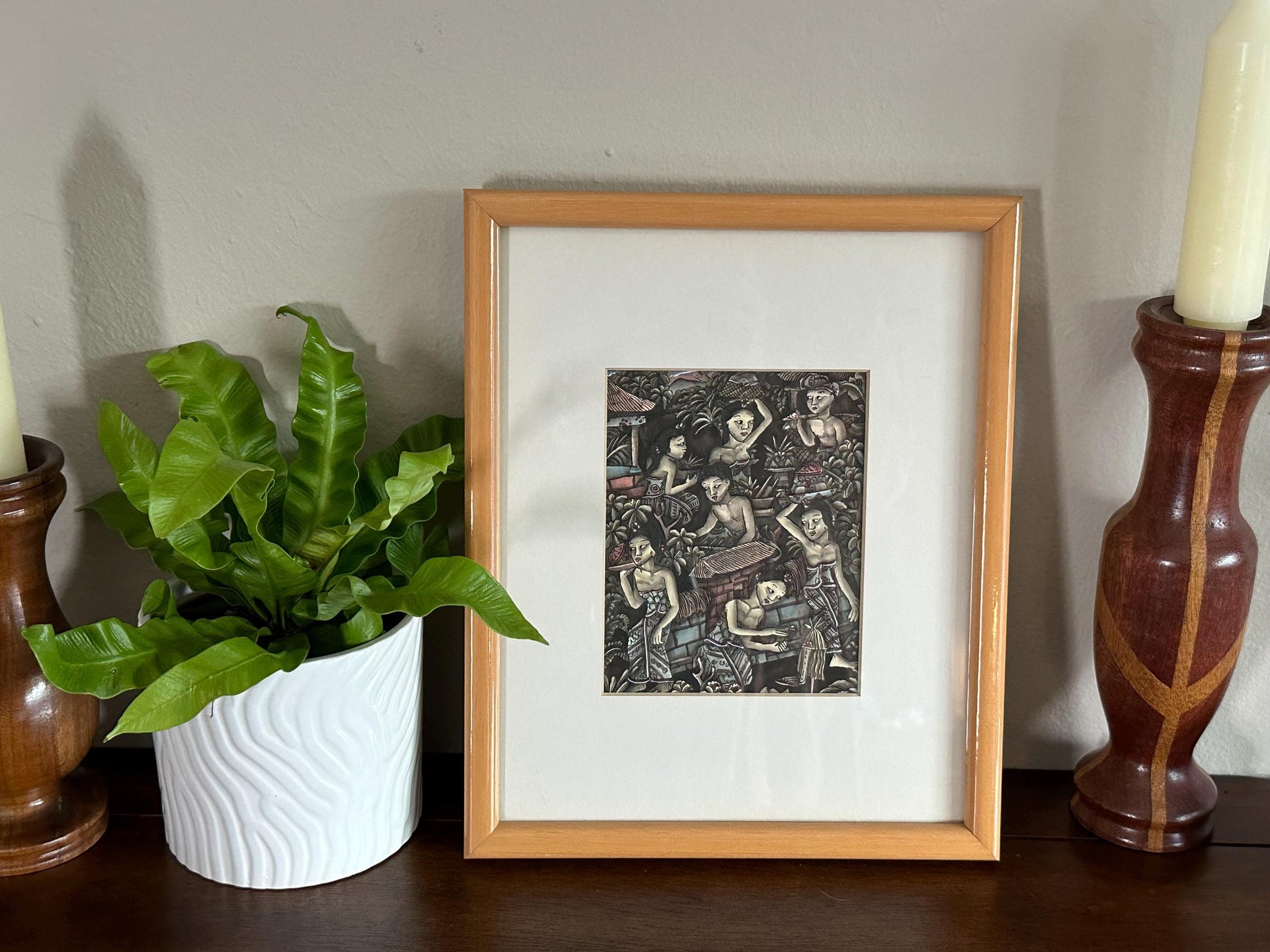 Framed Balinese Art Print: Riverside Village Scene with Working Women - Traditional Culture Wall Decor
