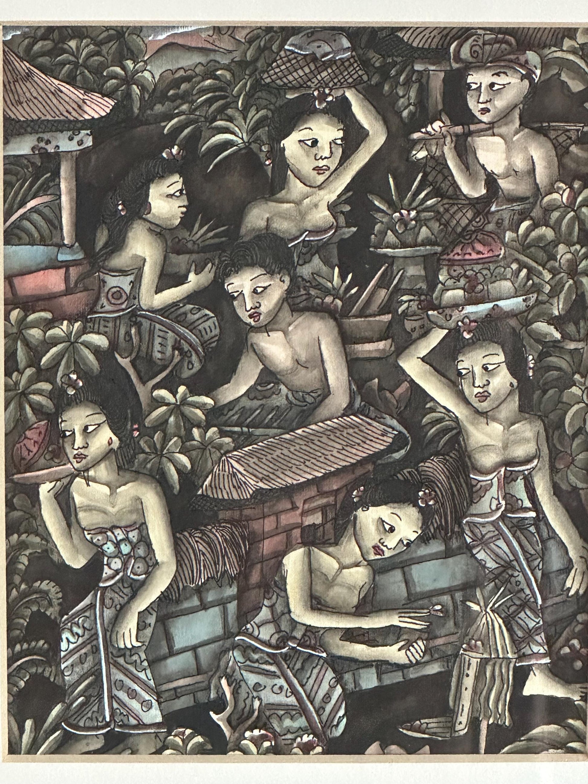 Framed Balinese Art Print: Riverside Village Scene with Working Women - Traditional Culture Wall Decor