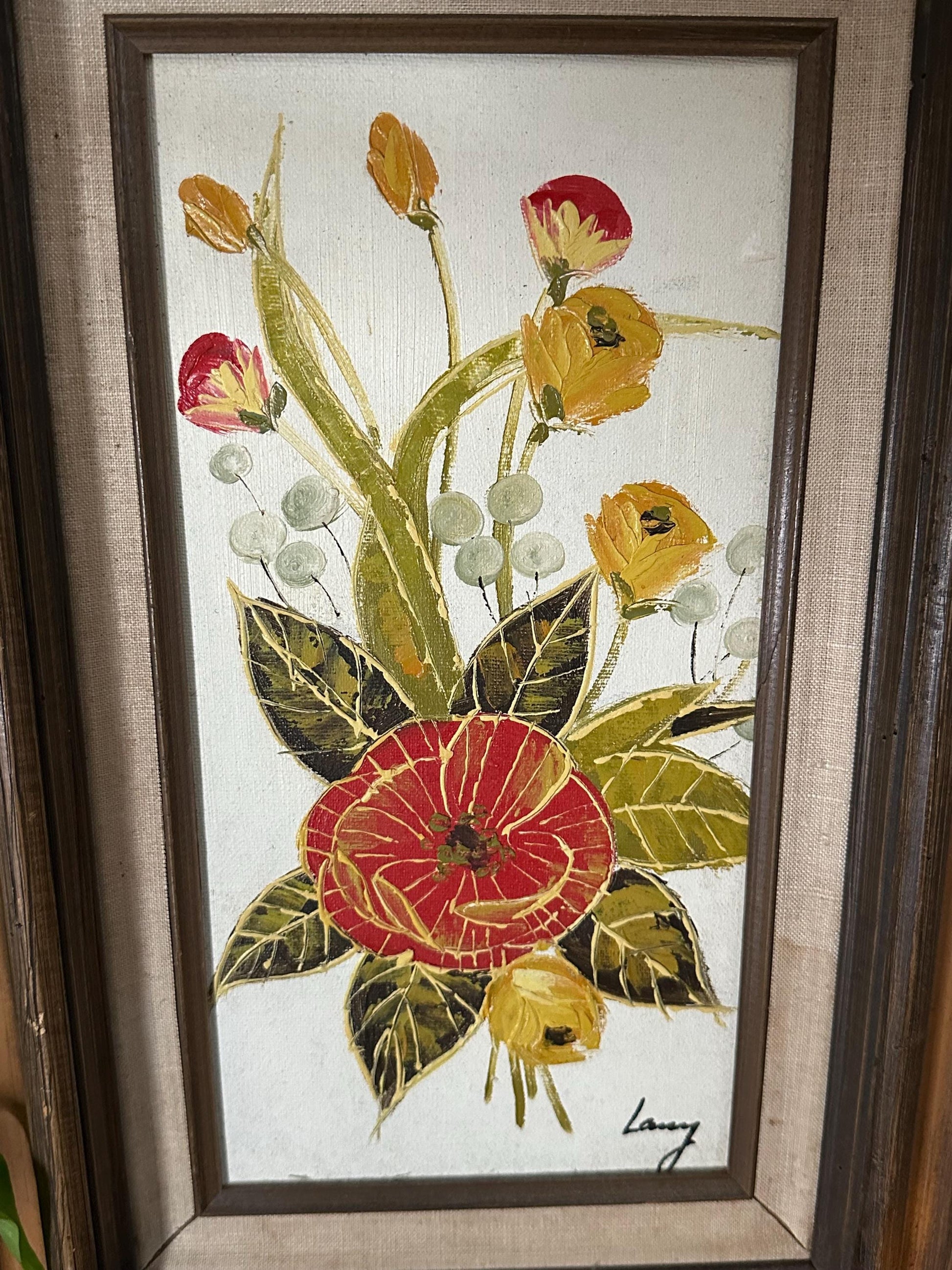 Vibrant Floral Oil Painting in Ornate Carved Frame by Mexican Artist Lanny - Signed Original Artwork