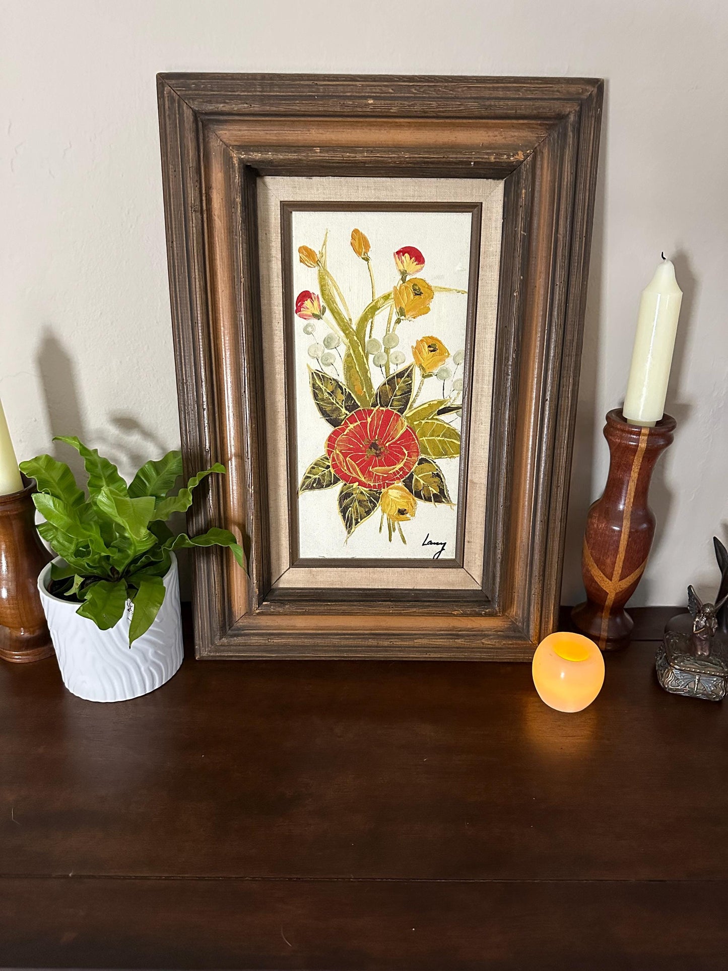 Vibrant Floral Oil Painting in Ornate Carved Frame by Mexican Artist Lanny - Signed Original Artwork