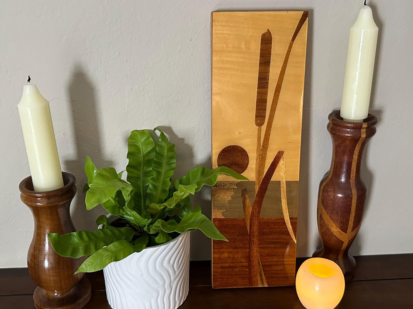 Vintage 1970s USSR Wooden Wall Plaque: Carved Inlaid Cattail Plant with Rising Sun Decor
