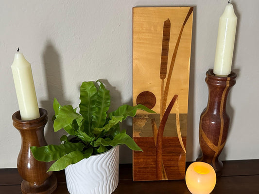 Vintage 1970s USSR Wooden Wall Plaque: Carved Inlaid Cattail Plant with Rising Sun Decor