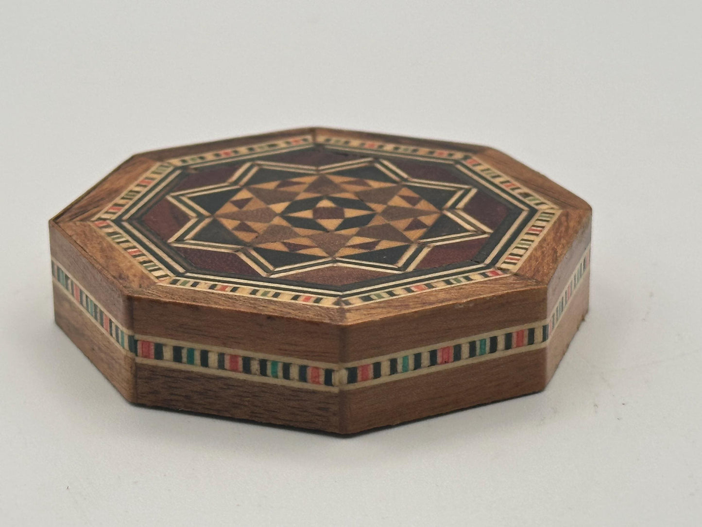Wooden Jewelry Trinket Box Marquetry Inlaid Wood Octagon Shaped Storage Keepsake Gift