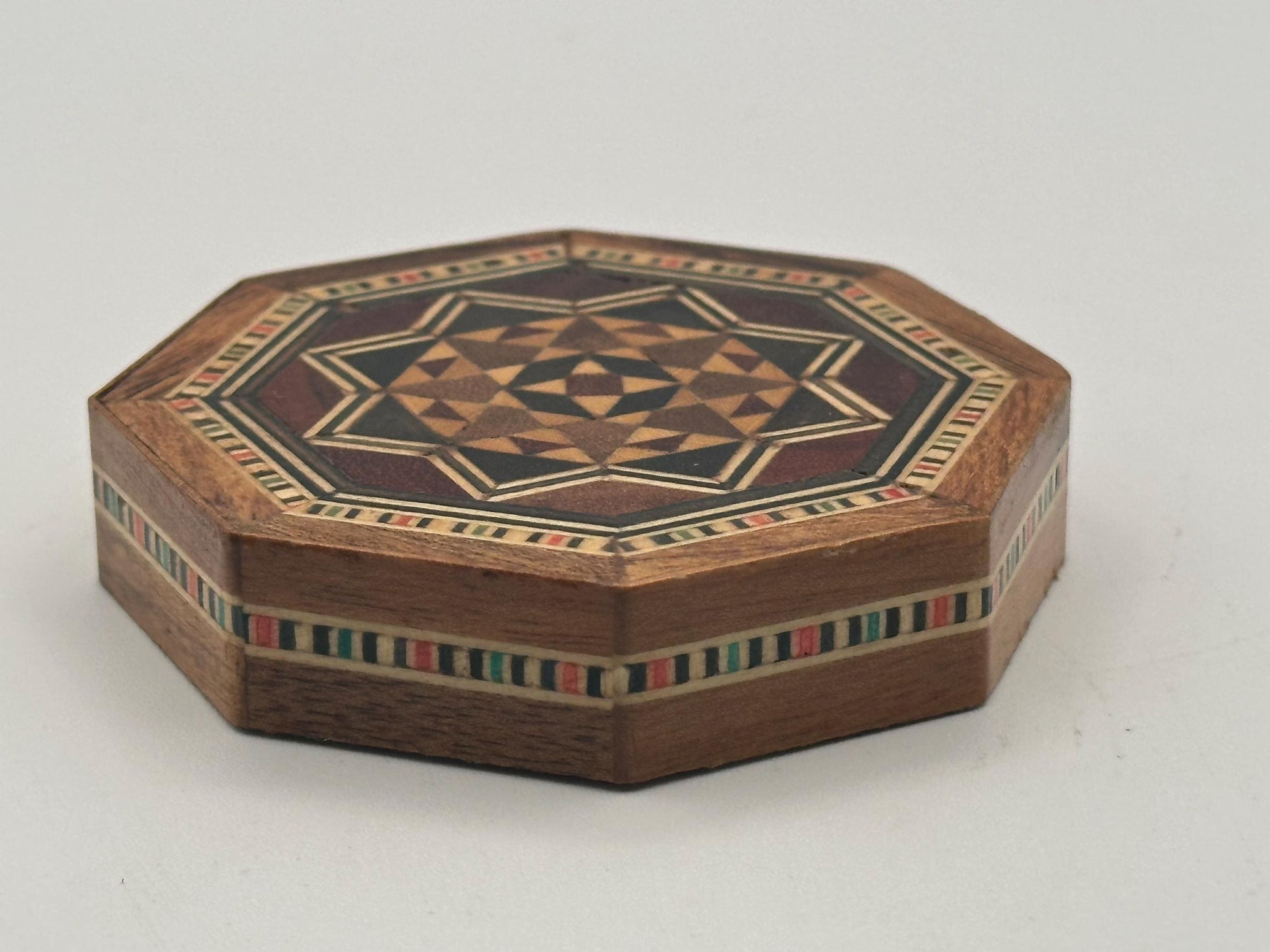 Wooden Jewelry Trinket Box Marquetry Inlaid Wood Octagon Shaped Storage Keepsake Gift
