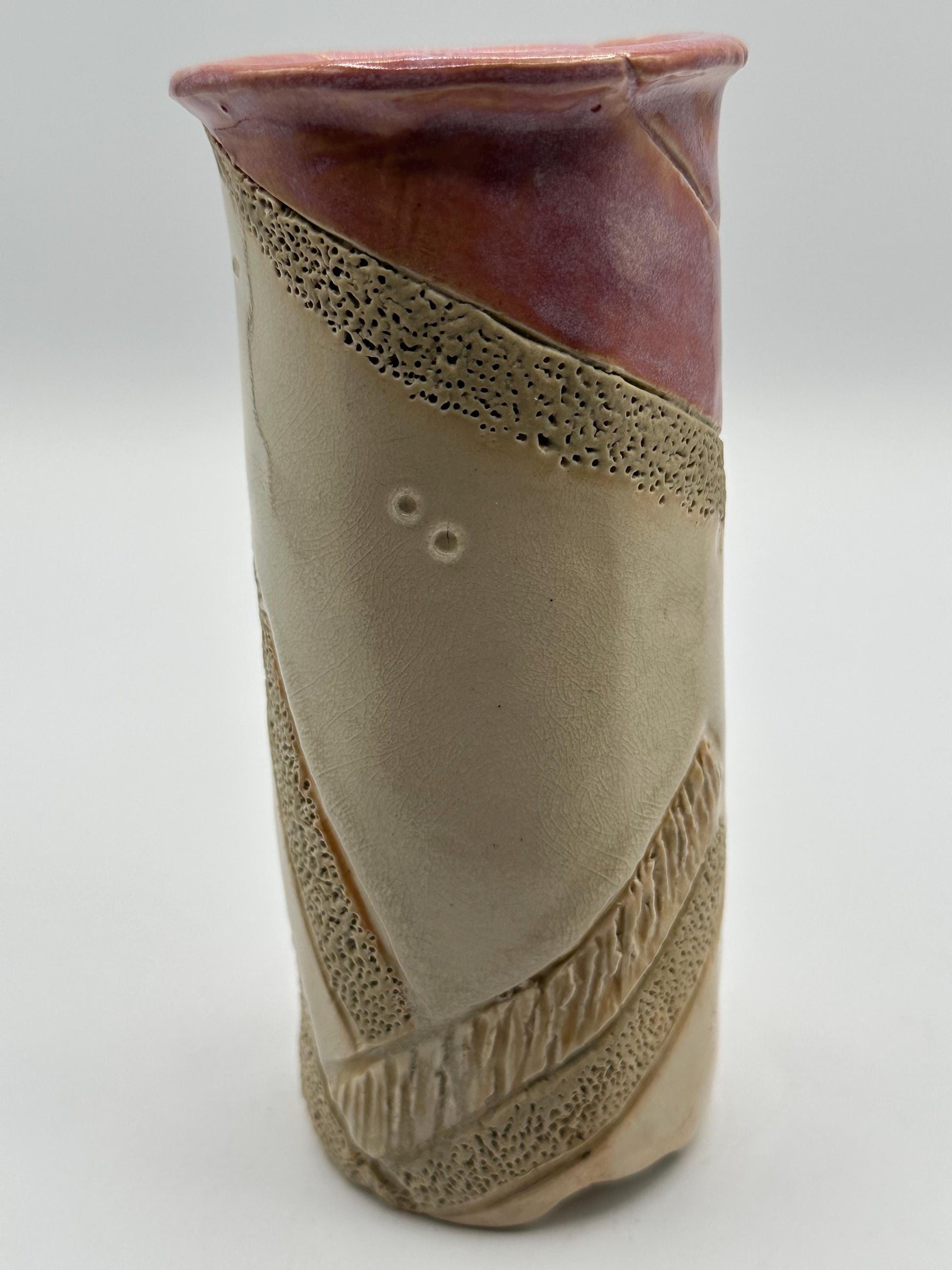 Artisanal Textured Beige & Rose Pink Abstract Studio Pottery Vase - Signed Handmade Ceramic Piece