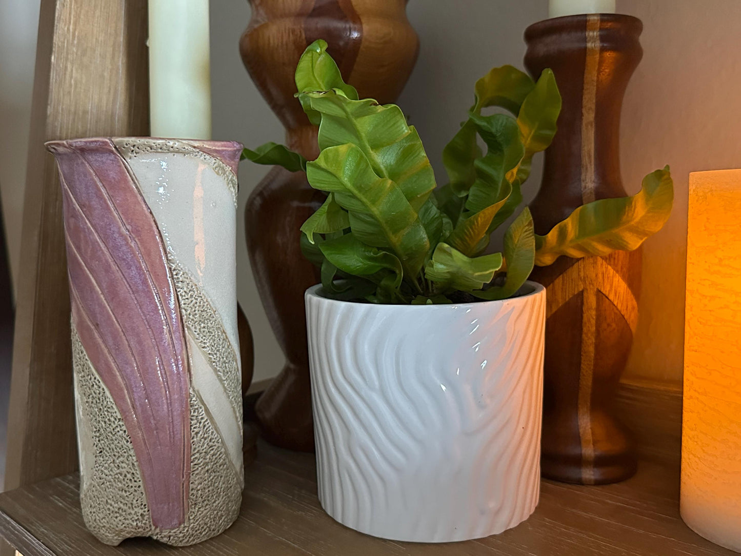 Artisanal Textured Beige & Rose Pink Abstract Studio Pottery Vase - Signed Handmade Ceramic Piece