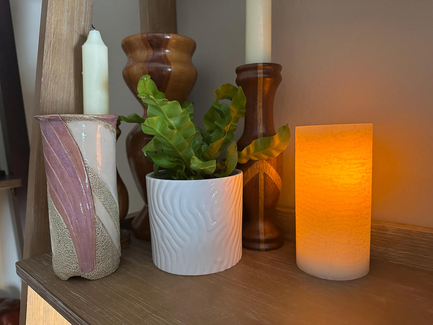 Artisanal Textured Beige & Rose Pink Abstract Studio Pottery Vase - Signed Handmade Ceramic Piece