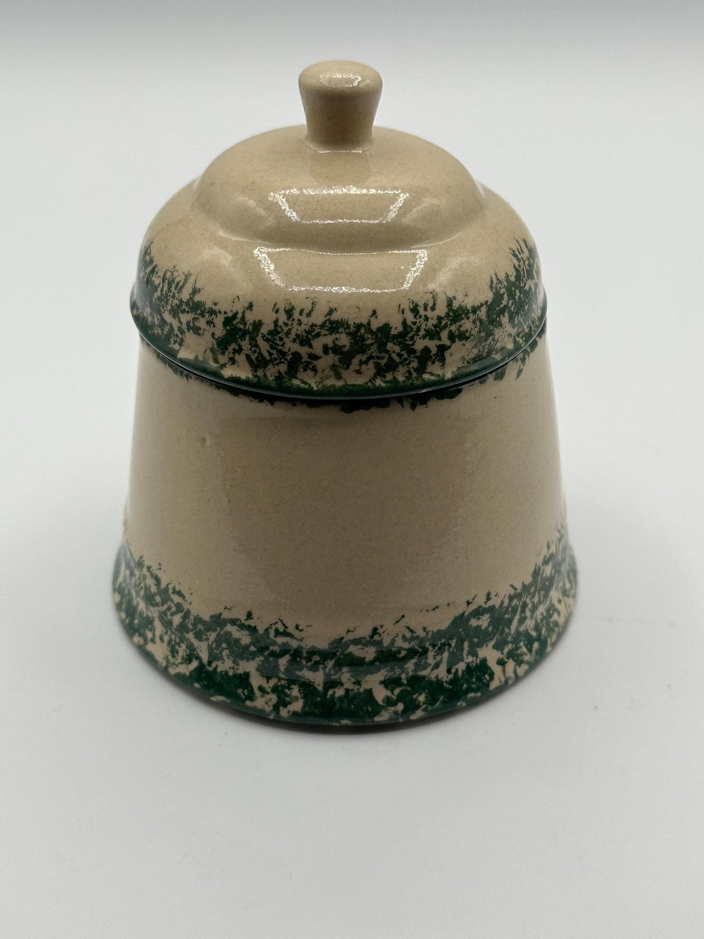 Vintage-Inspired Green Spongeware Pottery Canister with Cottage Design and Lid for Kitchen Storage