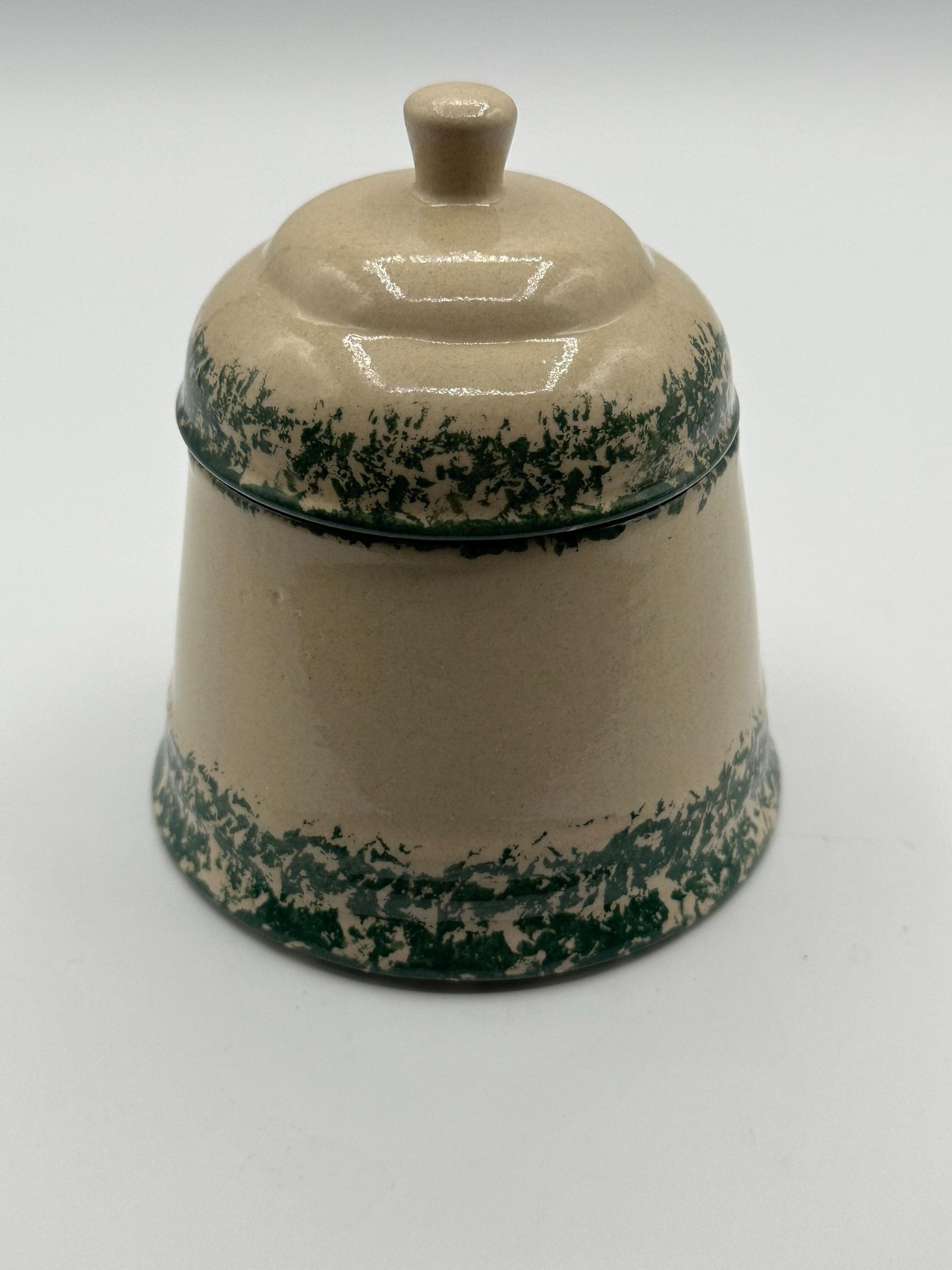 Vintage-Inspired Green Spongeware Pottery Canister with Cottage Design and Lid for Kitchen Storage
