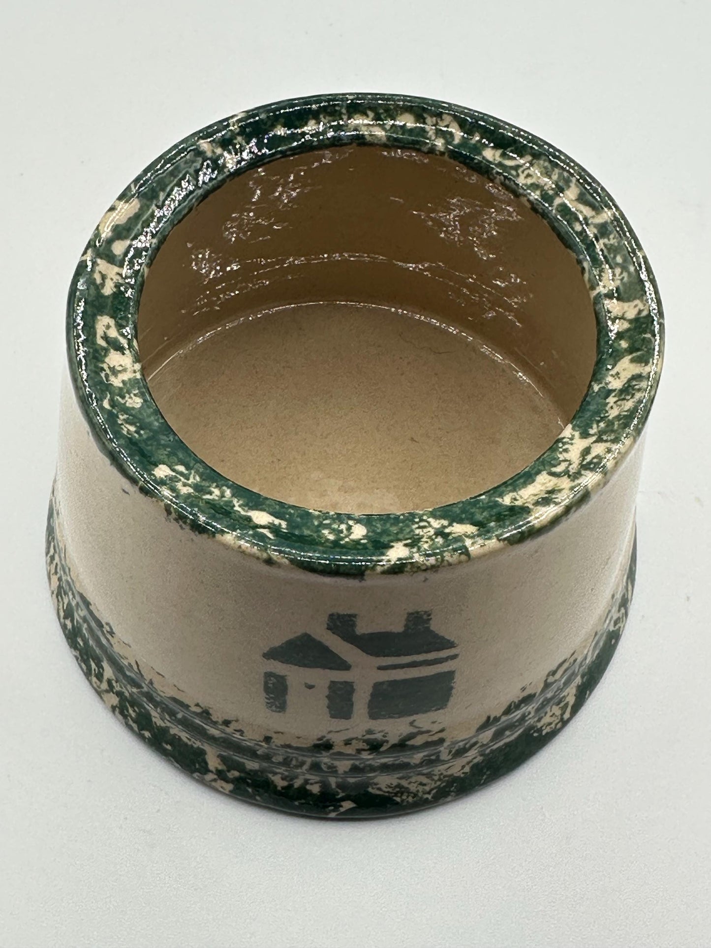 Vintage-Inspired Green Spongeware Pottery Canister with Cottage Design and Lid for Kitchen Storage