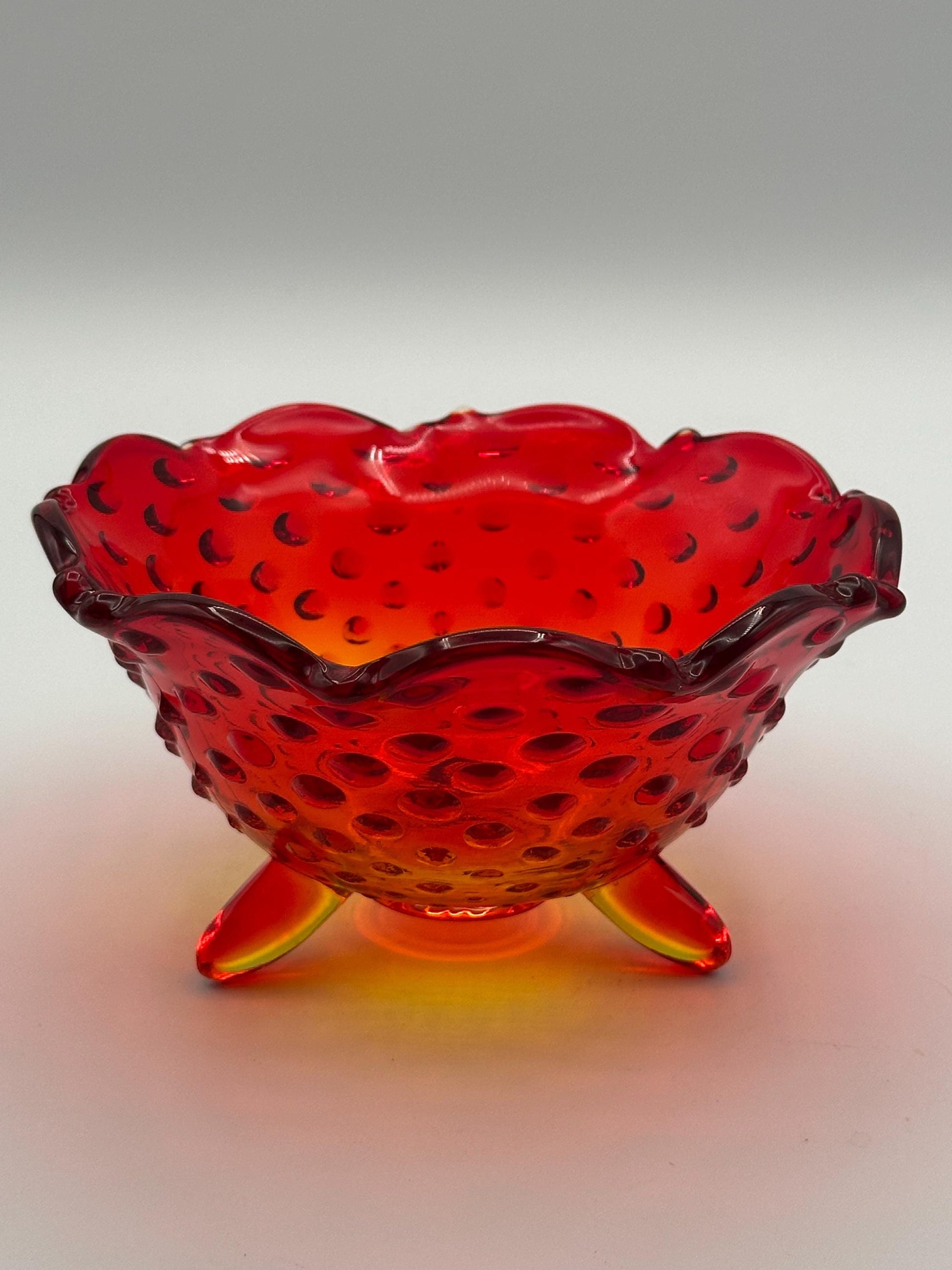 Vintage Fenton Amberina Glass Hobnail Dish 3 Footed Scalloped Edge Collectible