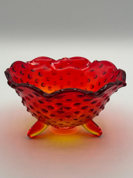 Vintage Fenton Amberina Glass Hobnail Dish 3 Footed Scalloped Edge Collectible