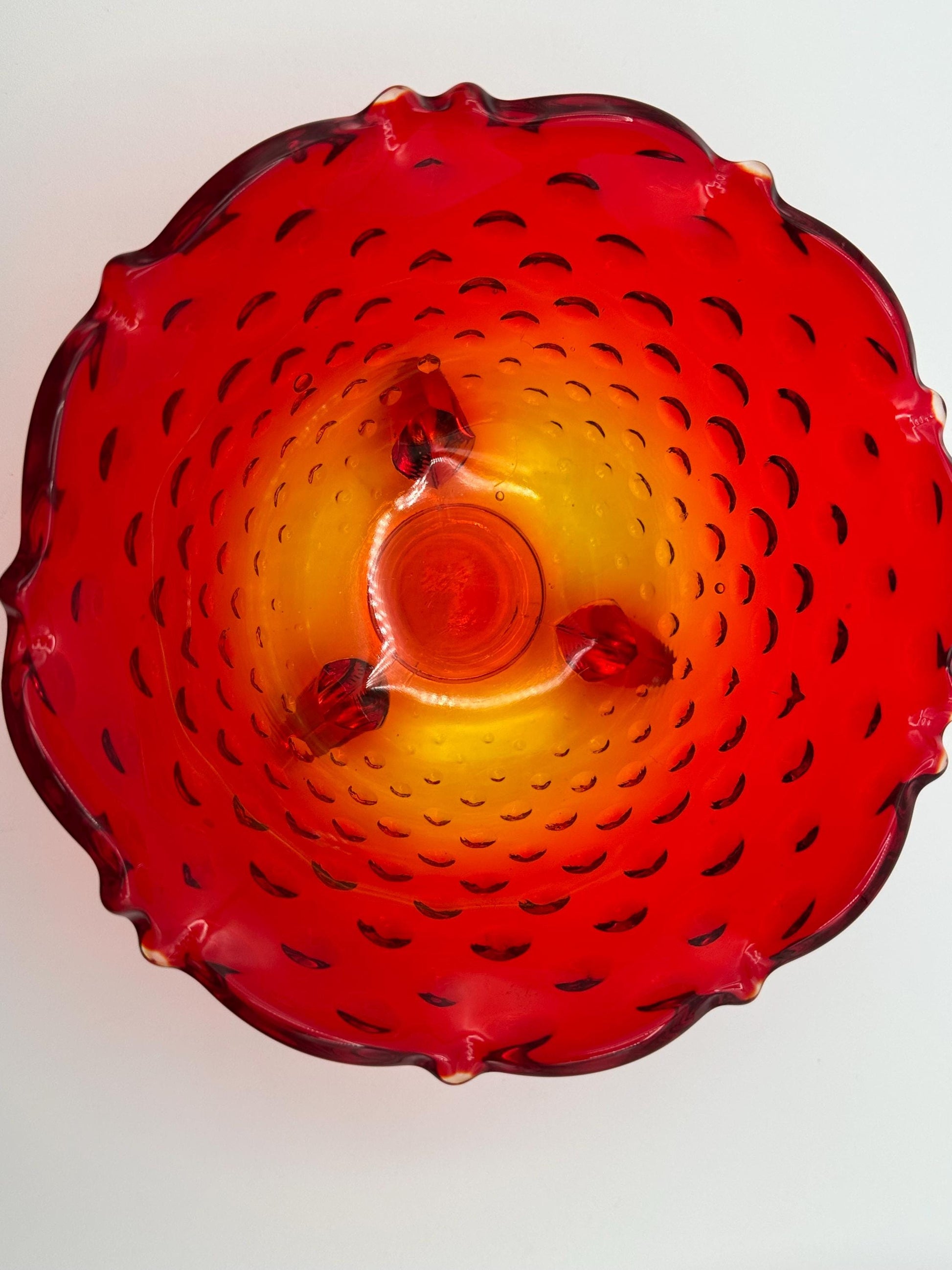 Vintage Fenton Amberina Glass Hobnail Dish 3 Footed Scalloped Edge Collectible