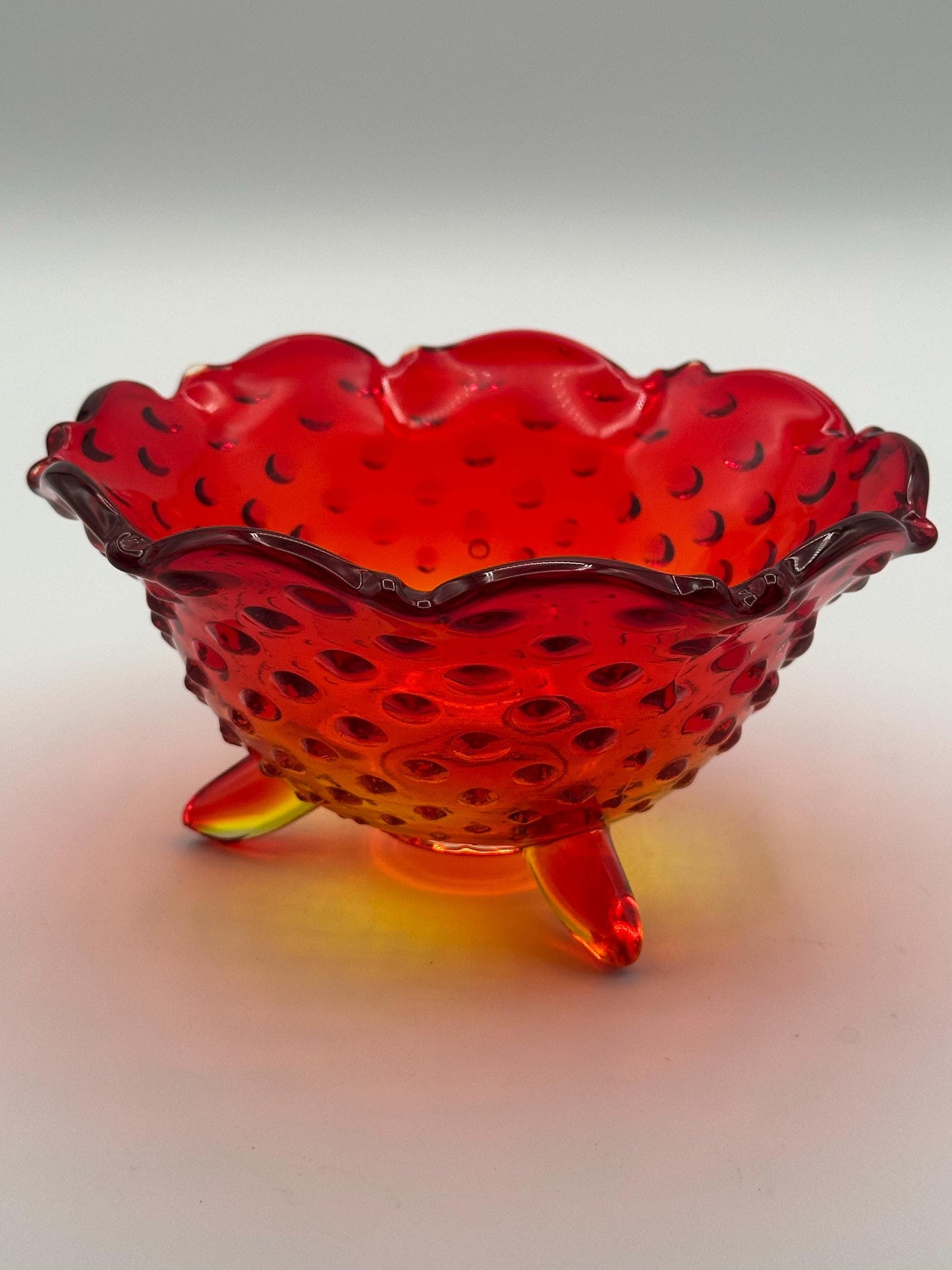 Vintage Fenton Amberina Glass Hobnail Dish 3 Footed Scalloped Edge Collectible