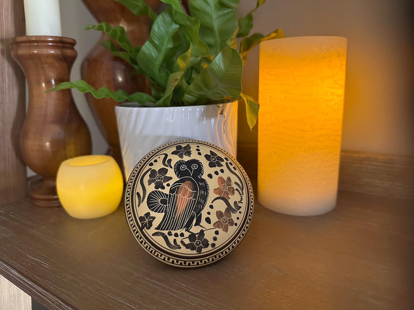 Handmade Corinthian Period Pottery Owl Lidded Trinket Dish Copy - Ancient Greek Style Ceramic Jewelry Box