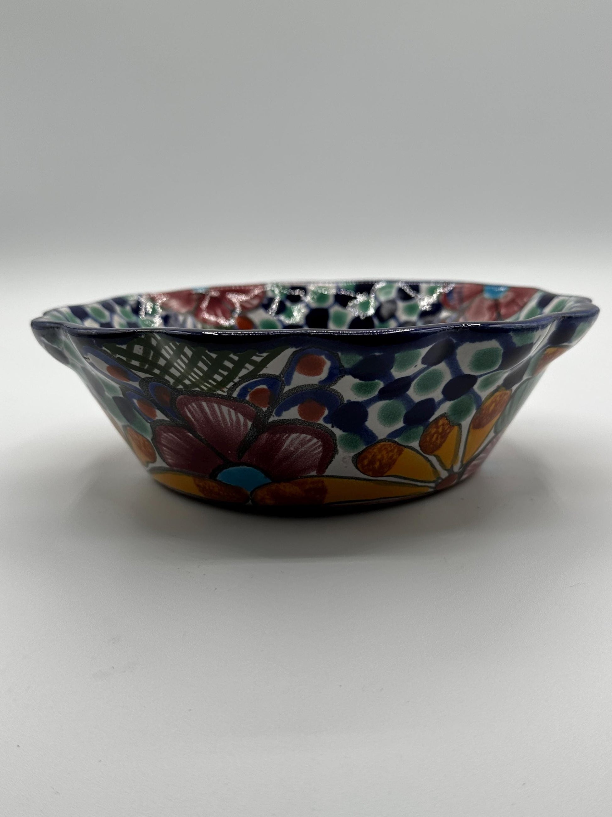 Amora Mexican Glazed Floral Pottery Bowl - Handcrafted Ceramic Serving Dish