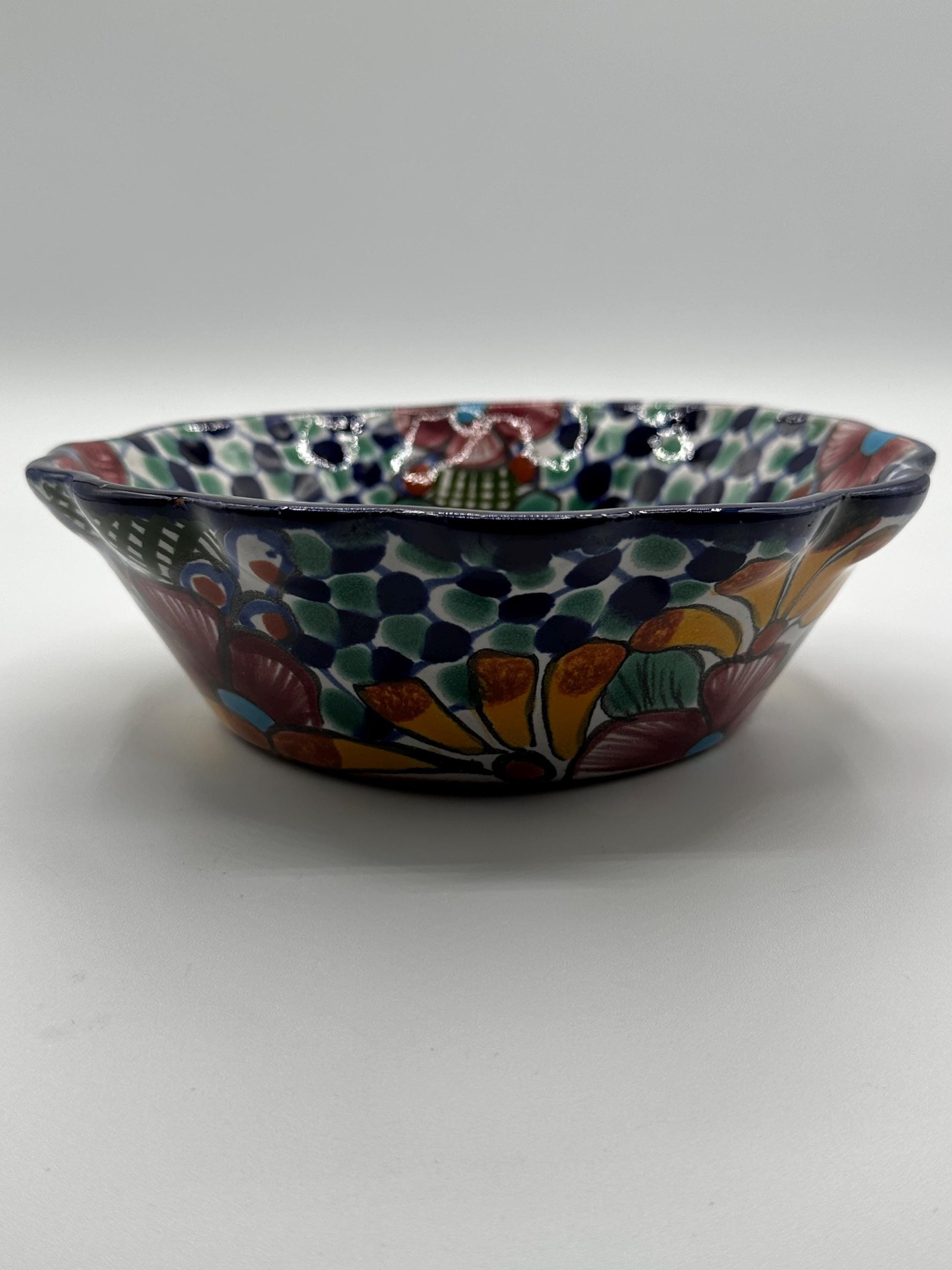 Amora Mexican Glazed Floral Pottery Bowl - Handcrafted Ceramic Serving Dish