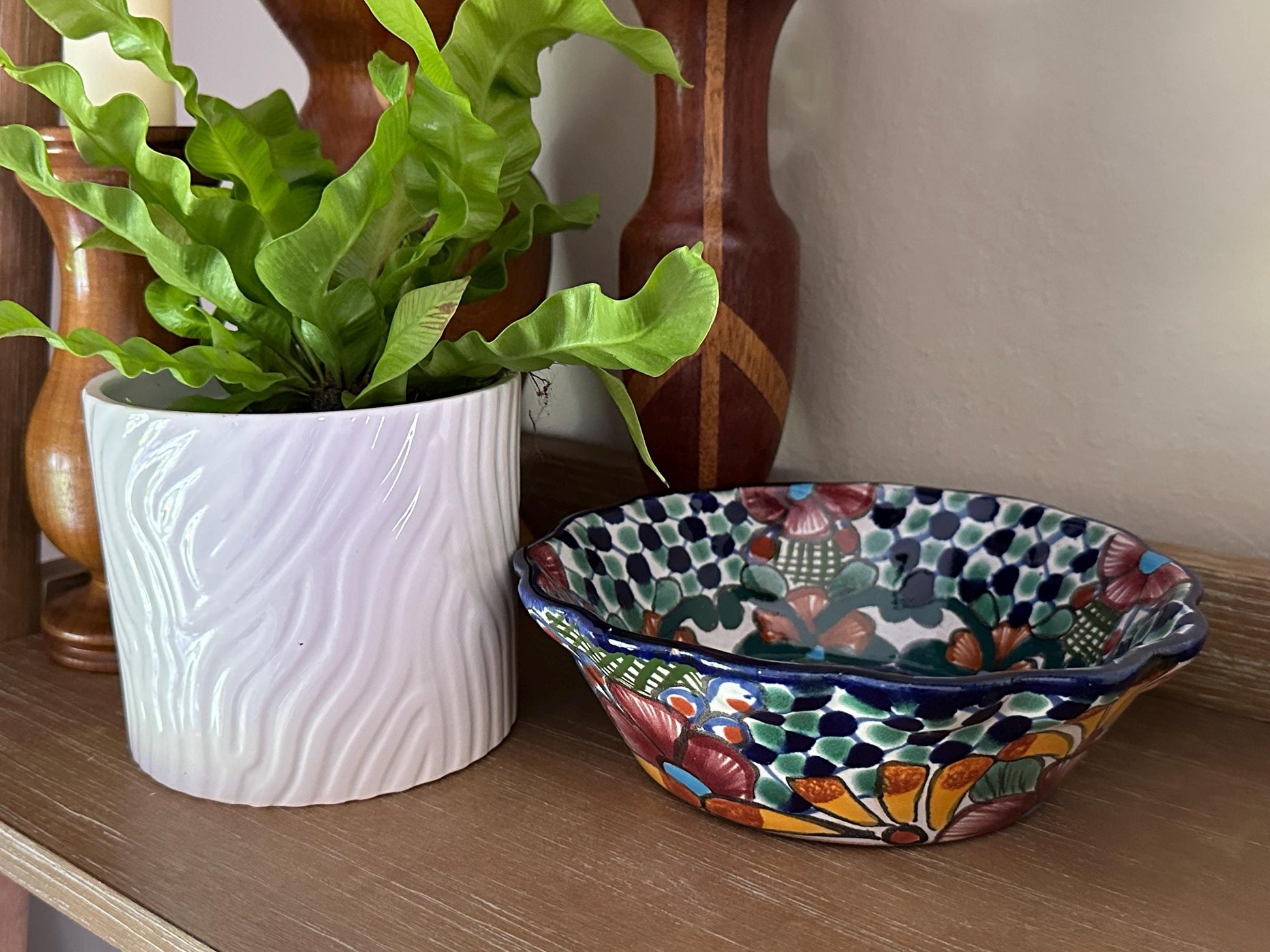 Amora Mexican Glazed Floral Pottery Bowl - Handcrafted Ceramic Serving Dish