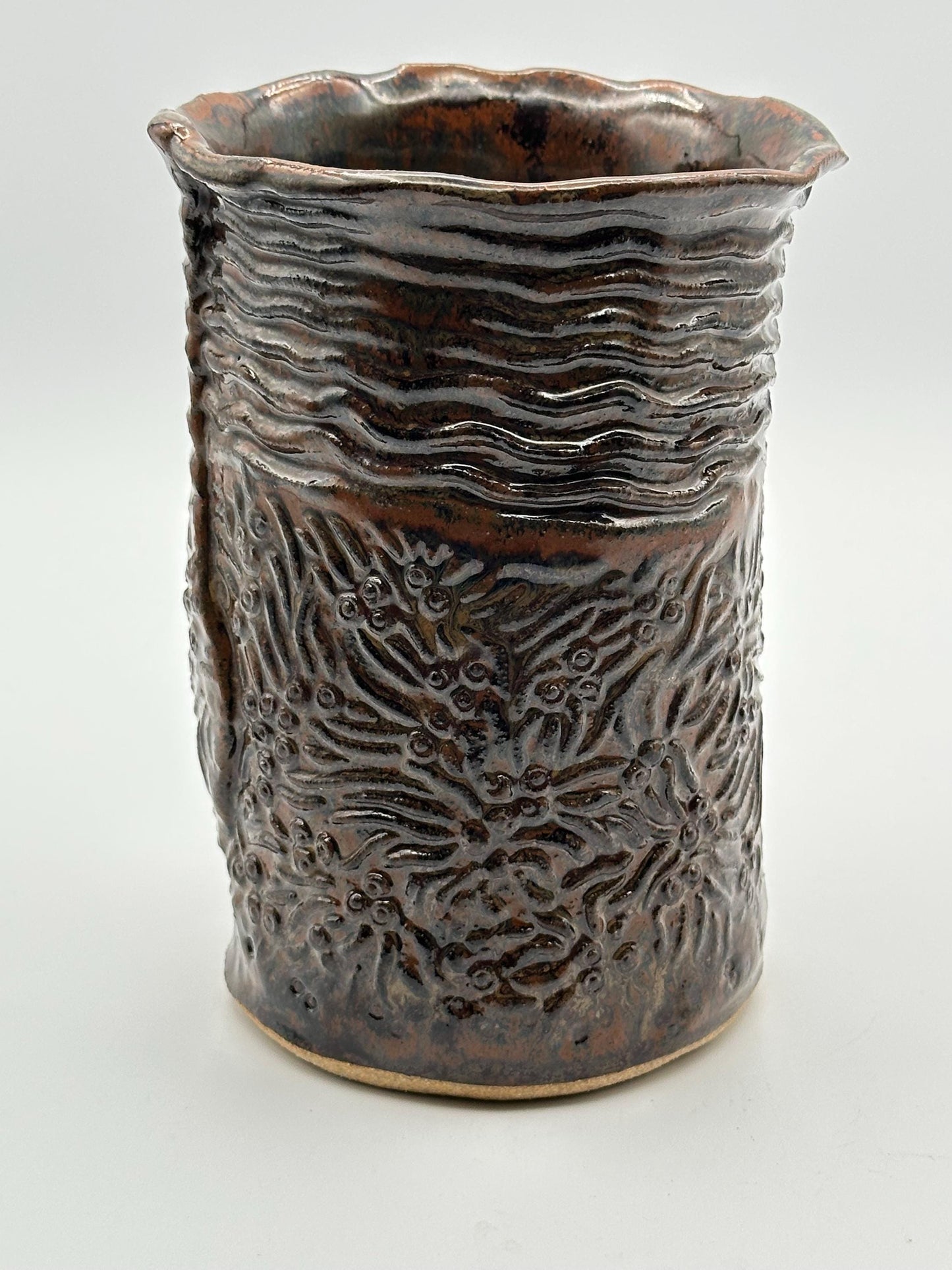 Artisanal Textured Ceramic Vase - Rustic Brown Earthenware with Organic Detailing - Handcrafted Studio Pottery