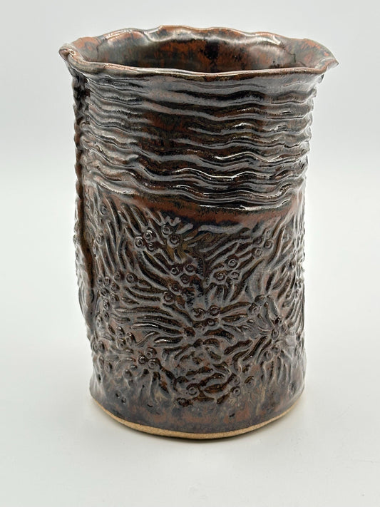 Artisanal Textured Ceramic Vase - Rustic Brown Earthenware with Organic Detailing - Handcrafted Studio Pottery