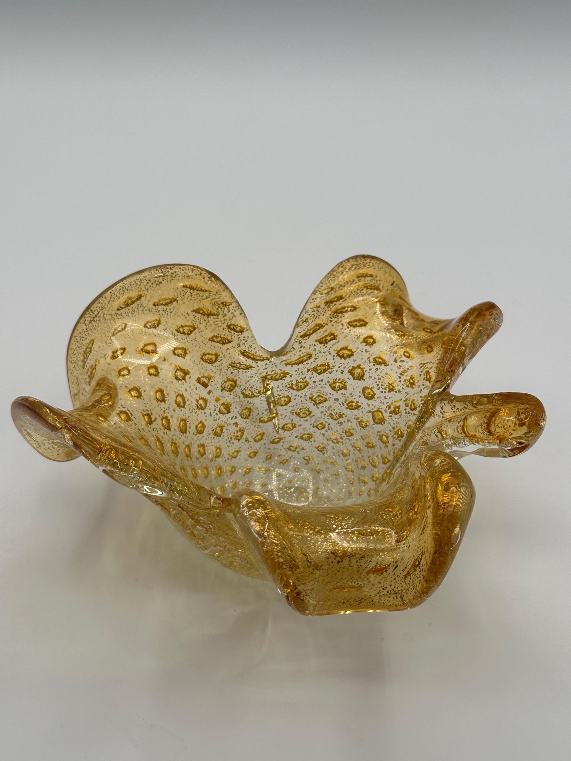 Gold Speckled Murano Glass Bowl with Shamrock Three Leaf Design - Vintage Italian Art Centerpiece