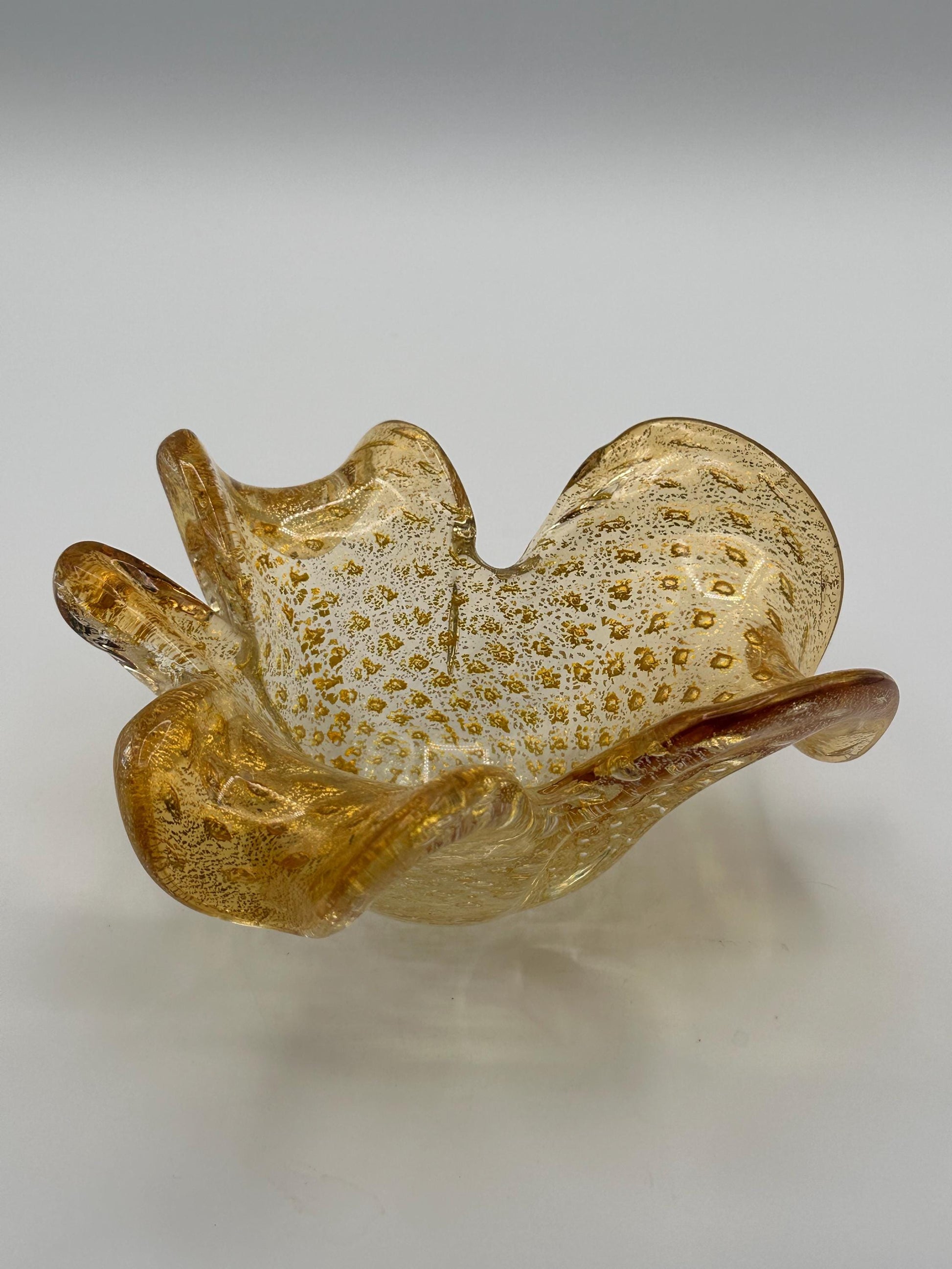 Gold Speckled Murano Glass Bowl with Shamrock Three Leaf Design - Vintage Italian Art Centerpiece