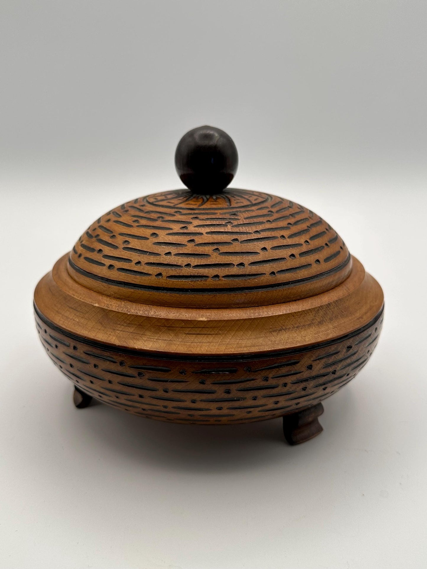 Vintage Mid-Century Modern Hand-Carved Wooden Lidded Box Three-Footed Tribal Style Container