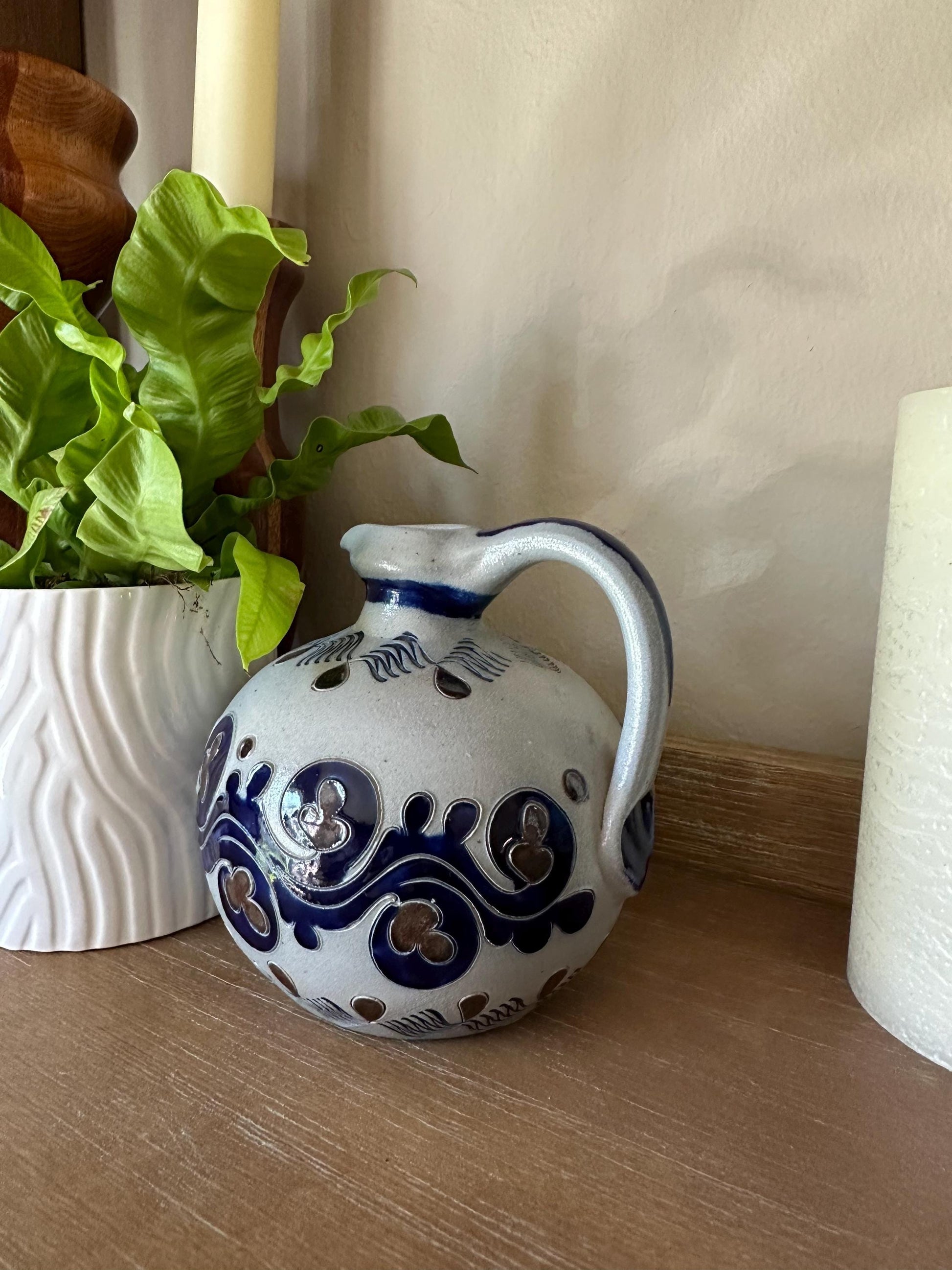 Antique M. Schilz German Westerwald Stoneware Jug - Handcrafted Salt Glazed Pottery with Cobalt Blue Decor