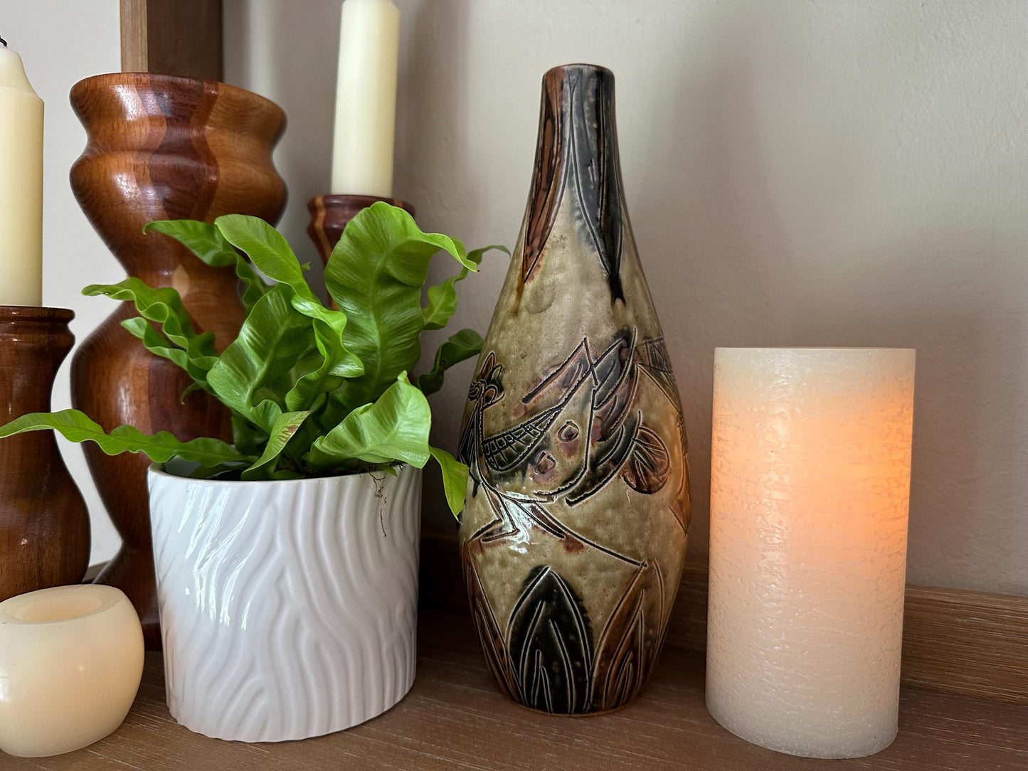 Vintage Otagiri OMC Japan Pottery Vase Abstract Bird Flower Design Earthtone Ceramic Decor