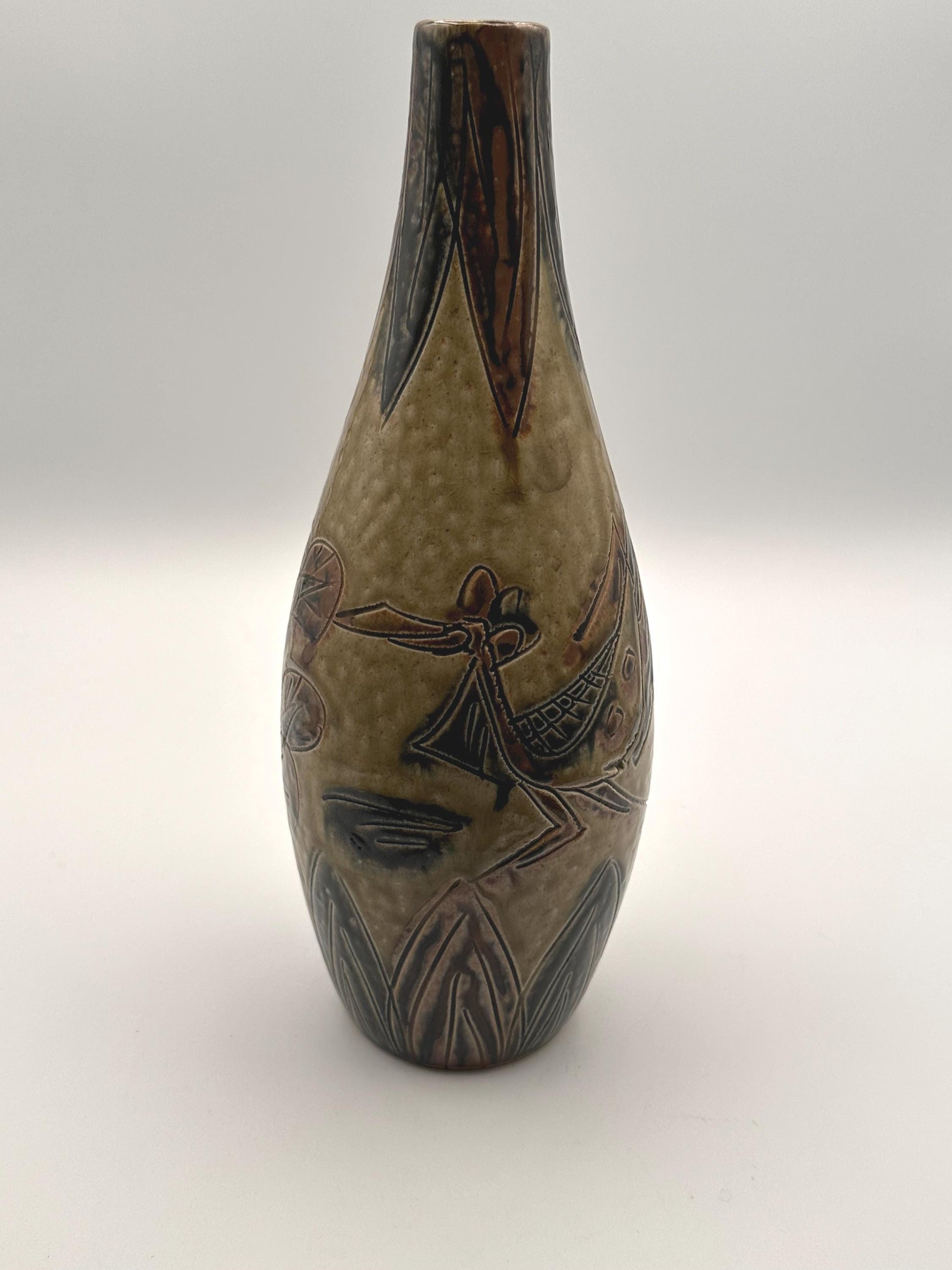Vintage Otagiri OMC Japan Pottery Vase Abstract Bird Flower Design Earthtone Ceramic Decor