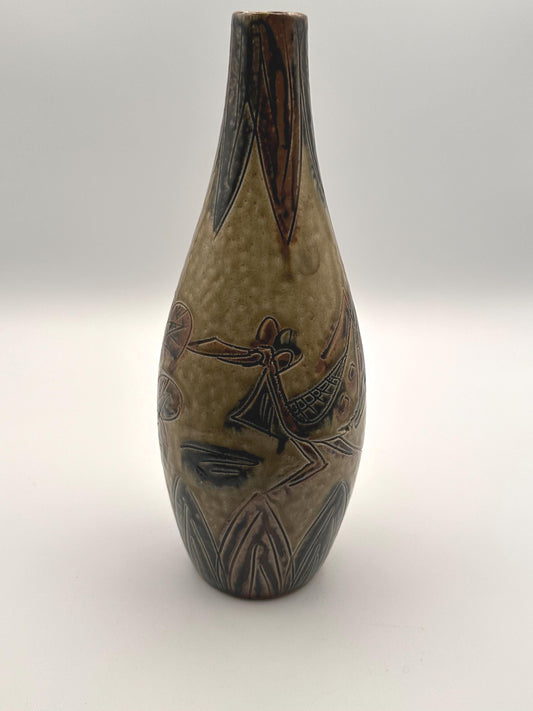 Vintage Otagiri OMC Japan Pottery Vase Abstract Bird Flower Design Earthtone Ceramic Decor