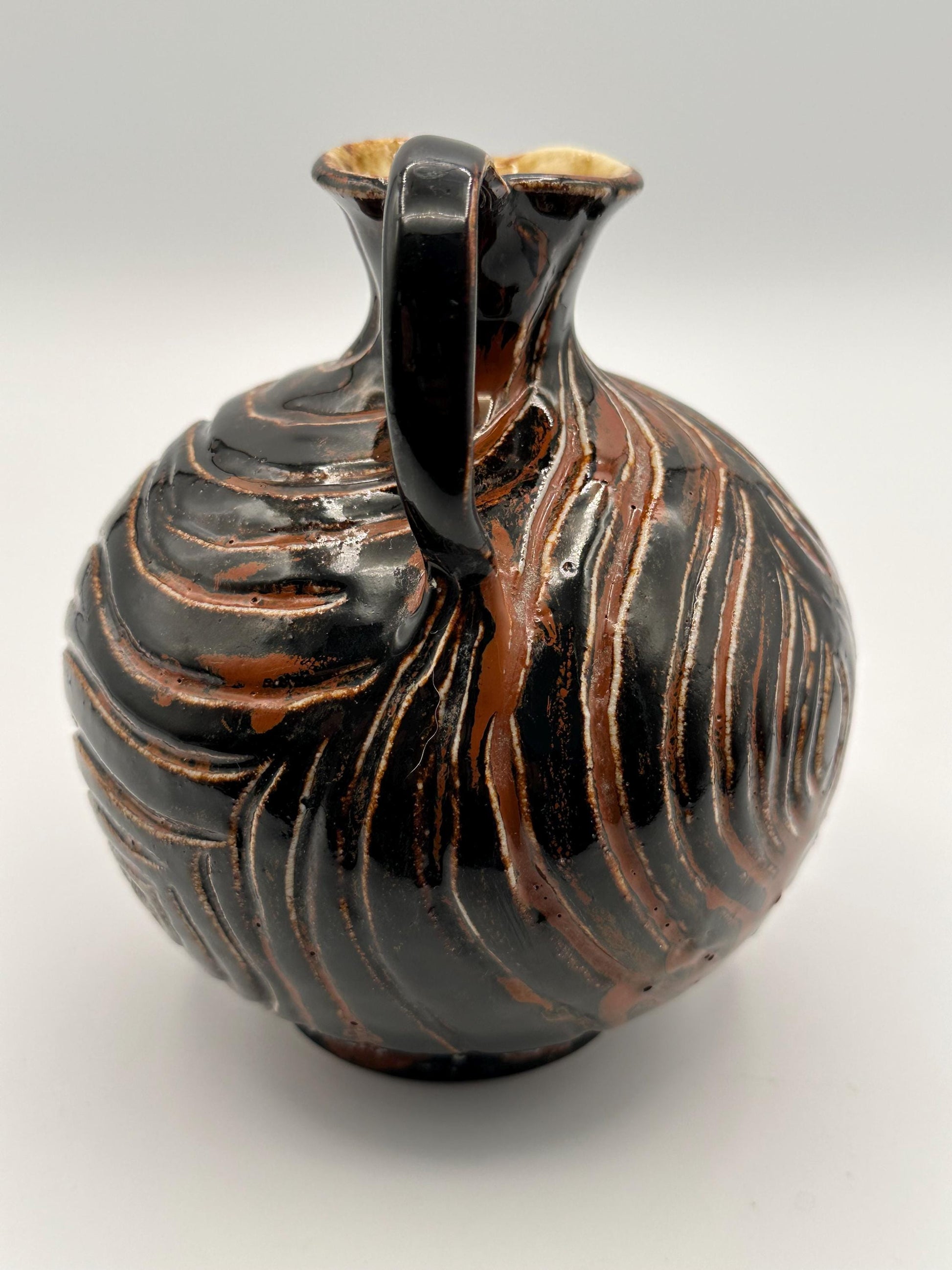 Handcrafted Studio Pottery Jug - Signed AEY Rustic MCM Brown Black Swirl Glaze Pitcher