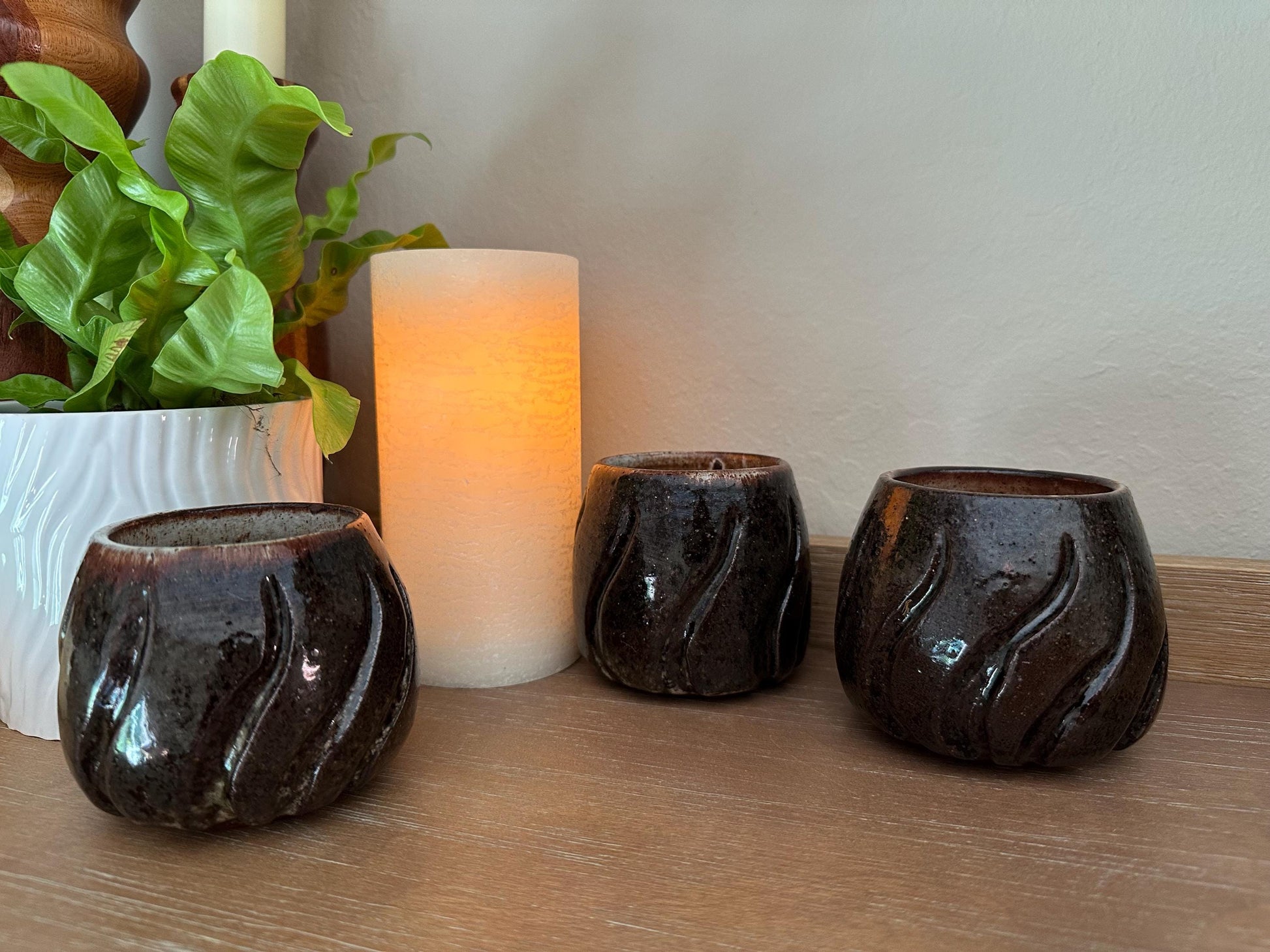 Rustic Handmade Pottery Tea Cups - Brown Black Glazed Ceramic Bowls Studio Art Vessel Set of 3