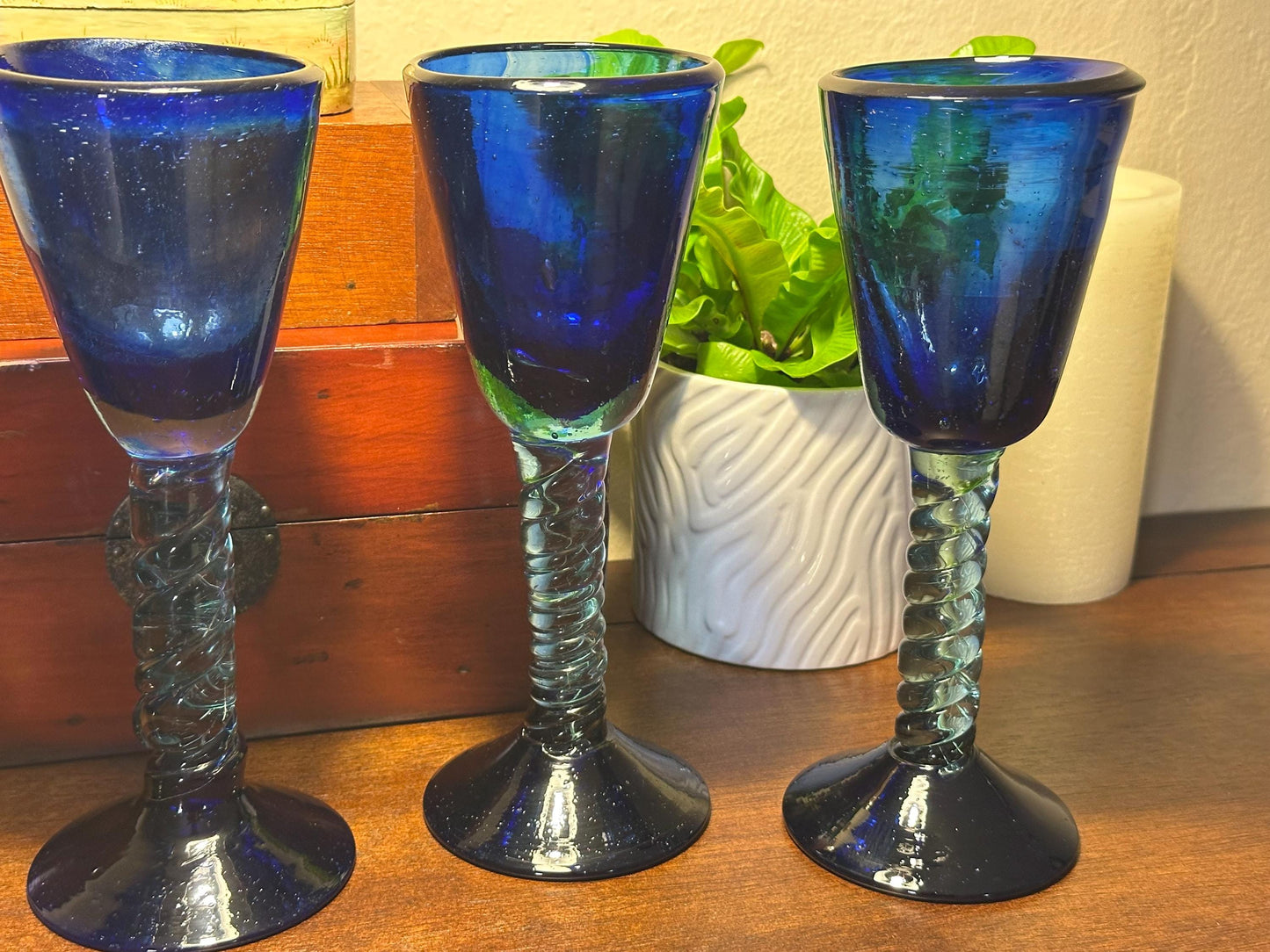 Vintage Cobalt Blue Mexican Hand-Blown Twisted Stem Wine Goblets - Set of 4 Mid-Century Barware Glasses