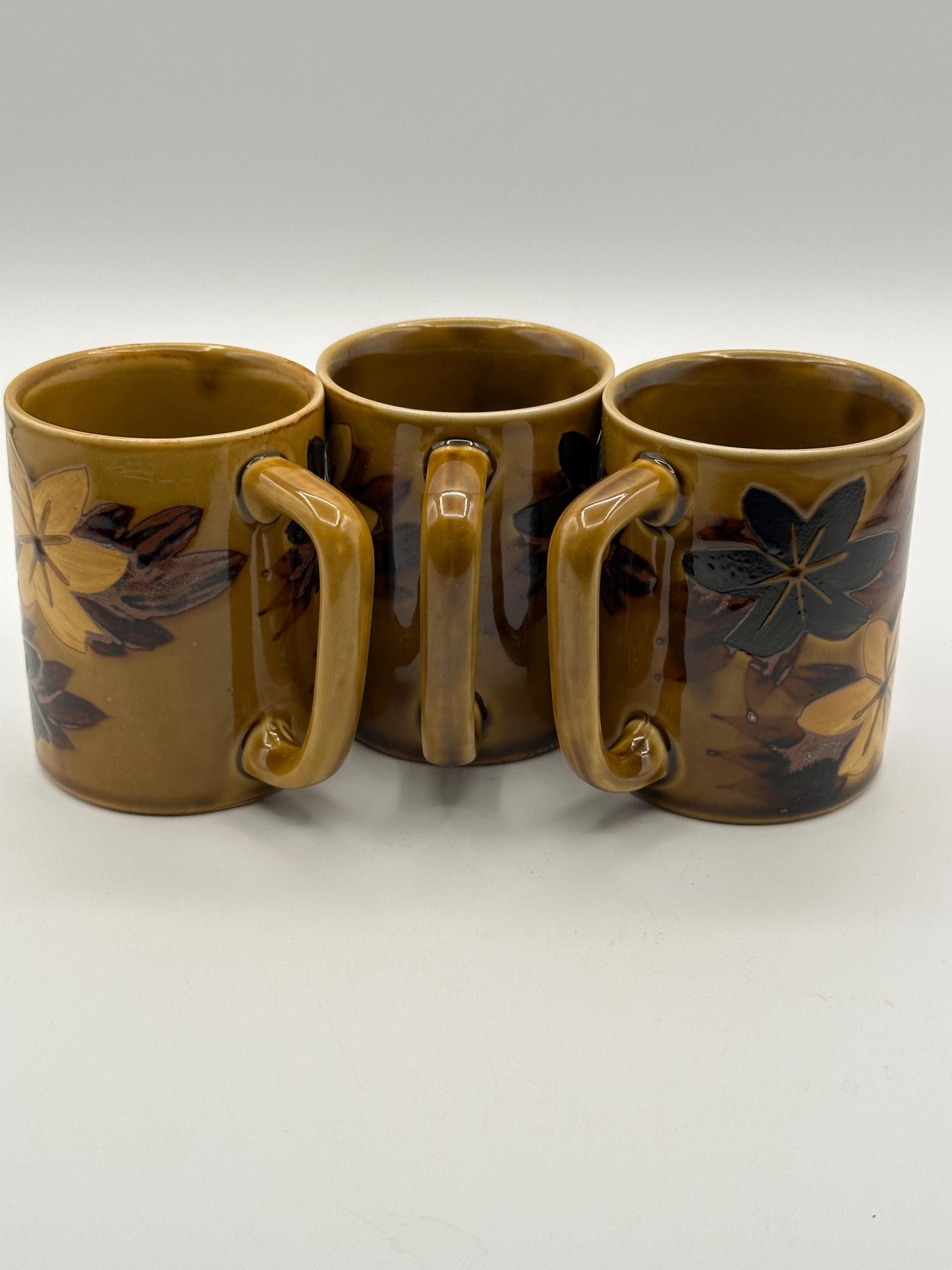 Vintage Stoneware Mug Set of 3 Gold Tan Brown Yellow Flower Leaf Design Otagiri Style Mid Century Modern Pottery