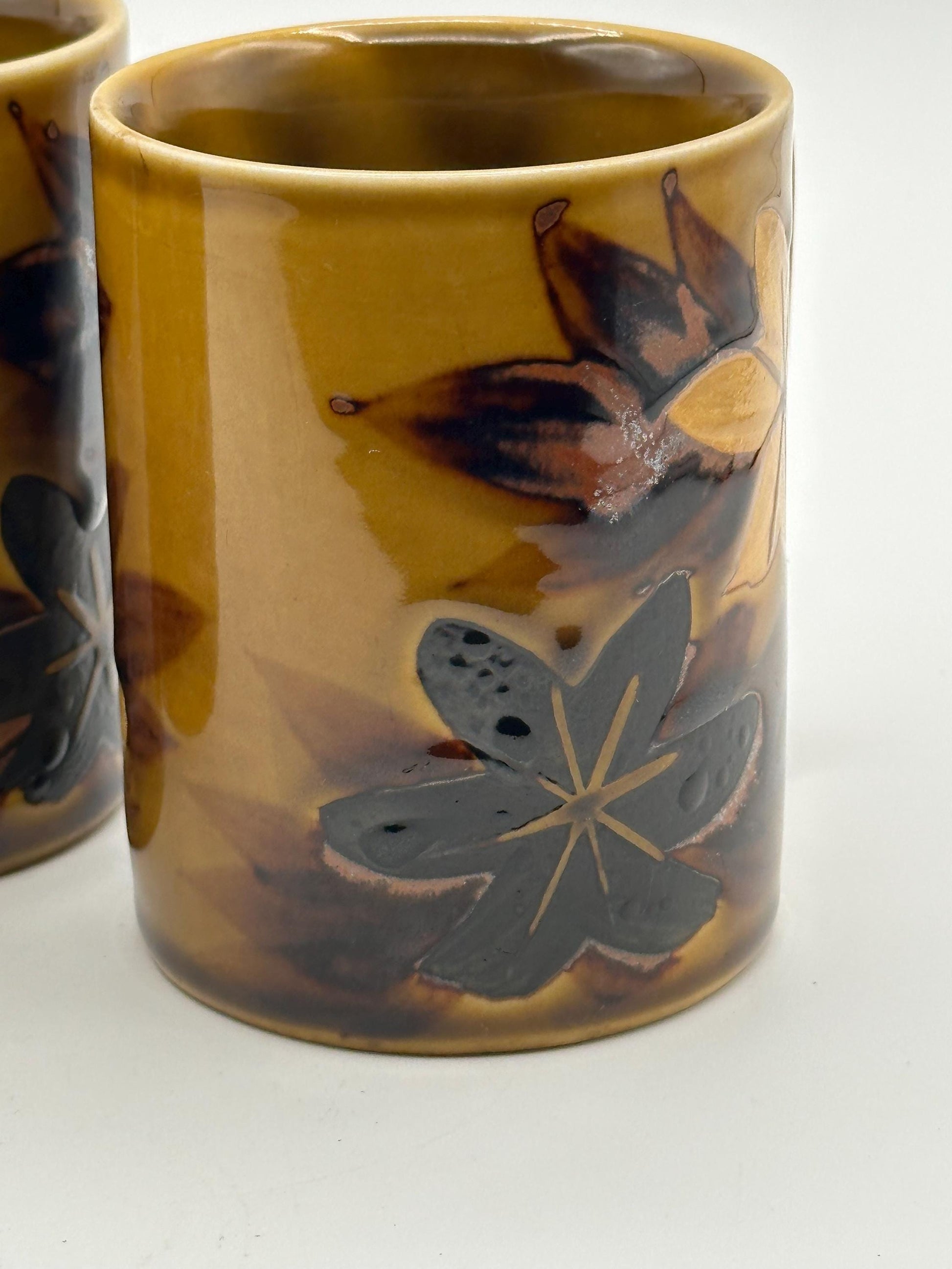 Vintage Stoneware Mug Set of 3 Gold Tan Brown Yellow Flower Leaf Design Otagiri Style Mid Century Modern Pottery