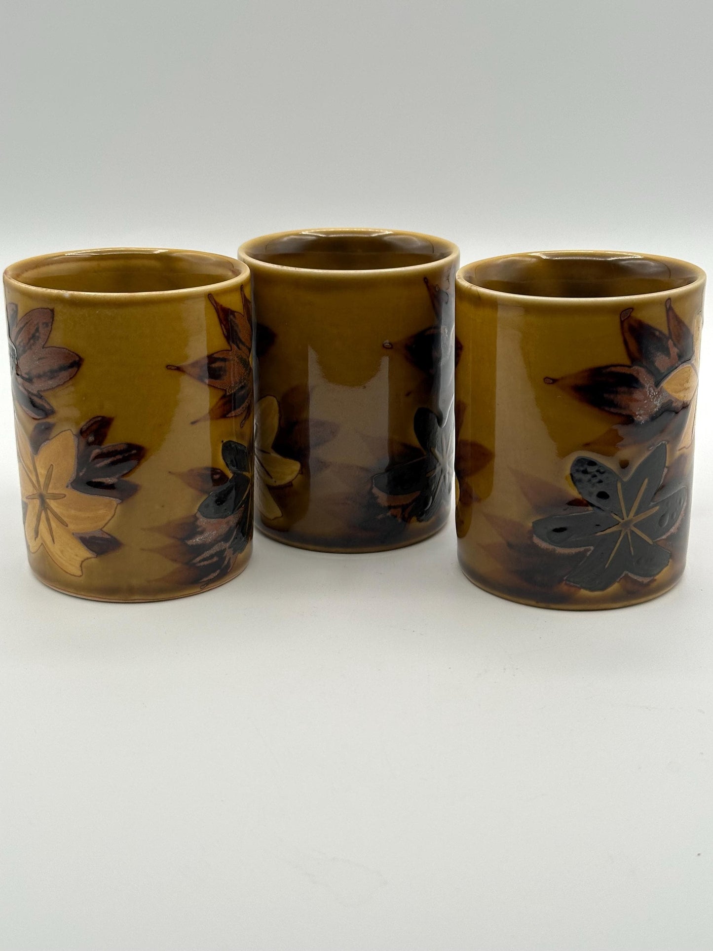 Vintage Stoneware Mug Set of 3 Gold Tan Brown Yellow Flower Leaf Design Otagiri Style Mid Century Modern Pottery